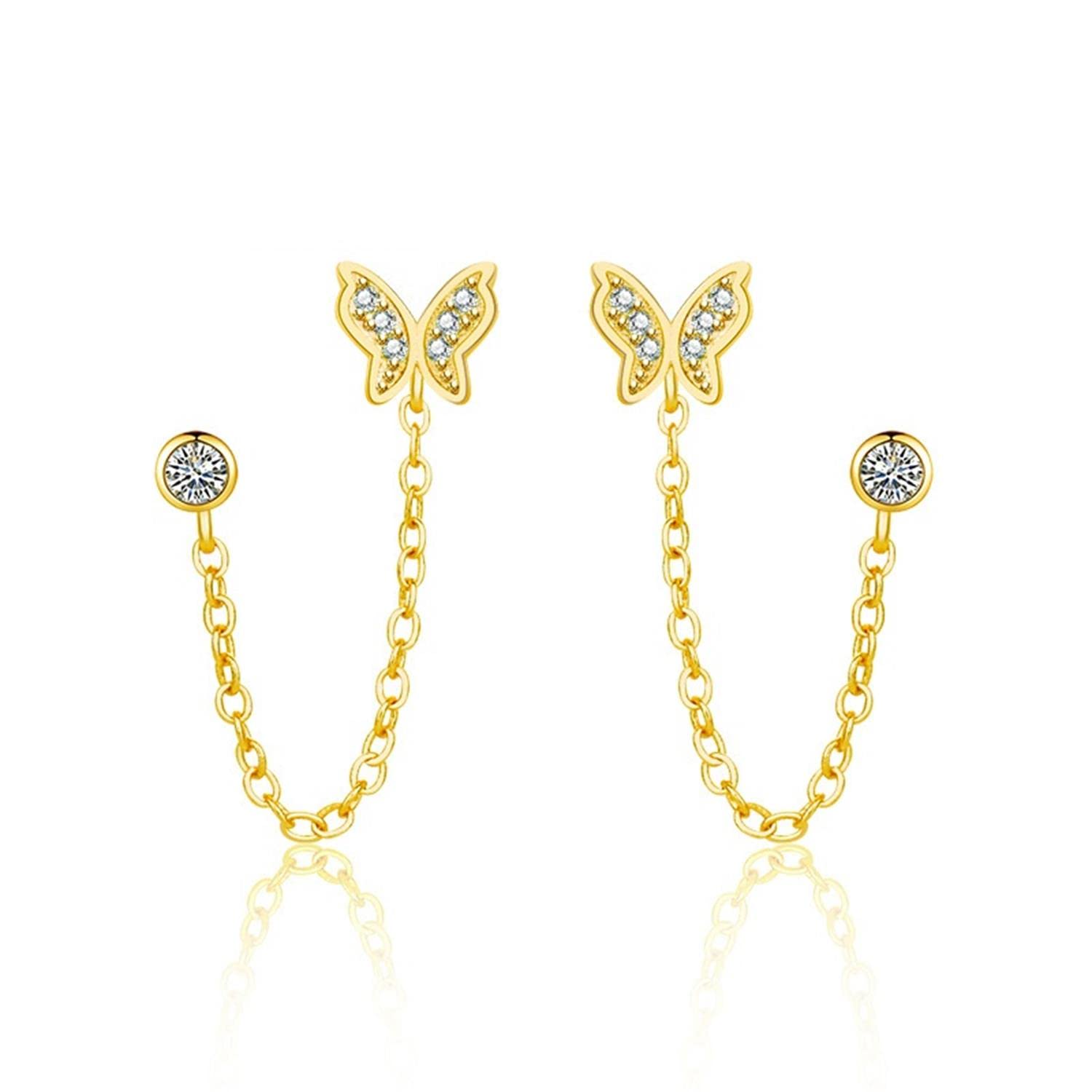925 Sterling Silver Double Piercing Chain Earrings for Women - KSAZIOUK Tassel Stud Earrings 2PCS | Elegant Everyday Wear & Party Jewelry Gift