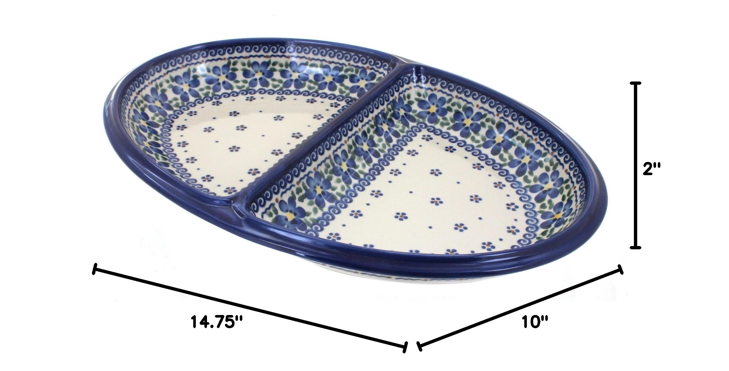 Blue Rose Polish Pottery Spring Blossom Large Divided Serving Dish - Elegant Appetizer Platter for Entertaining, Party Tray for Cheese & Charcuterie