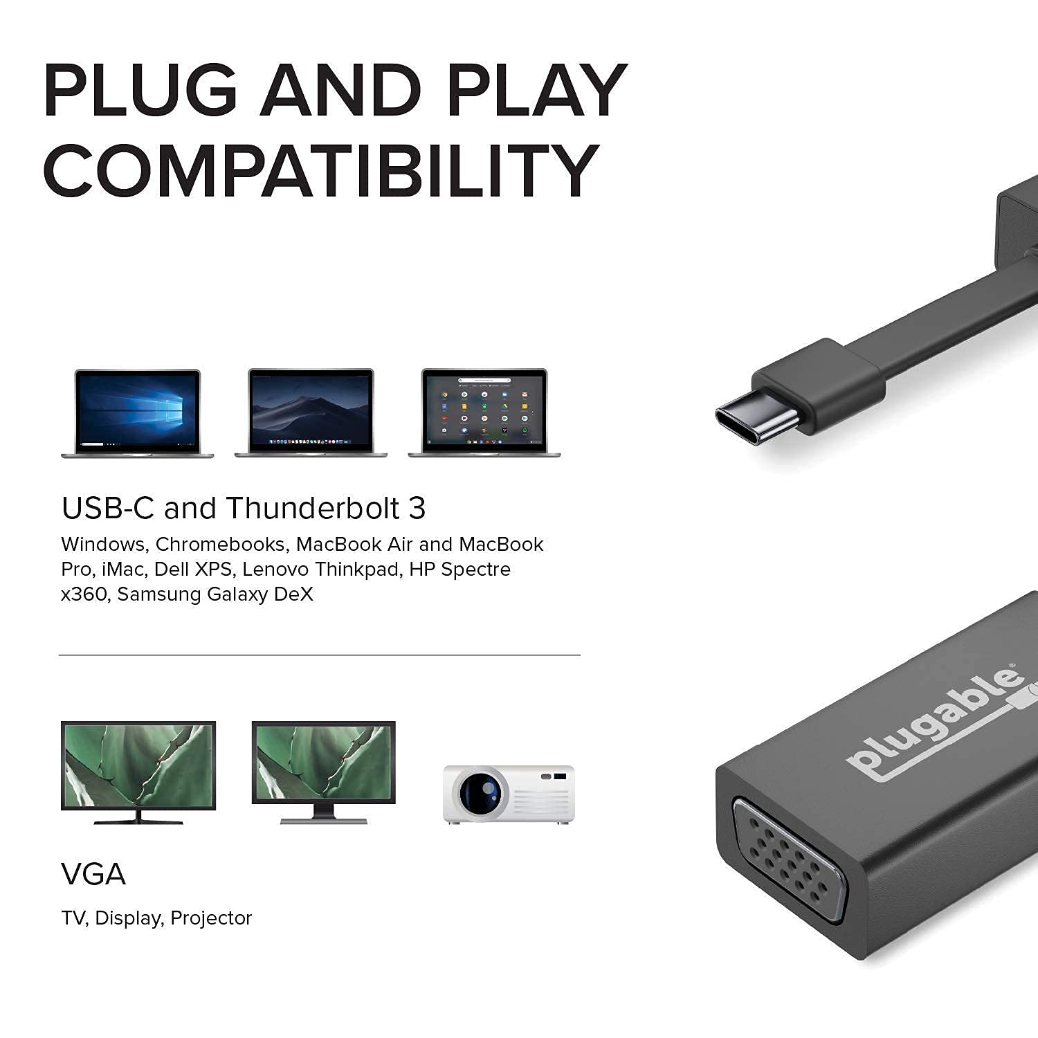 Plugable USB C Adapter Bundle - USB C to Ethernet, HDMI, DisplayPort & VGA - Thunderbolt 3 Compatible with MacBook Pro, Windows Laptops - Perfect for Home Office, Gaming & Multi-Monitor Setups