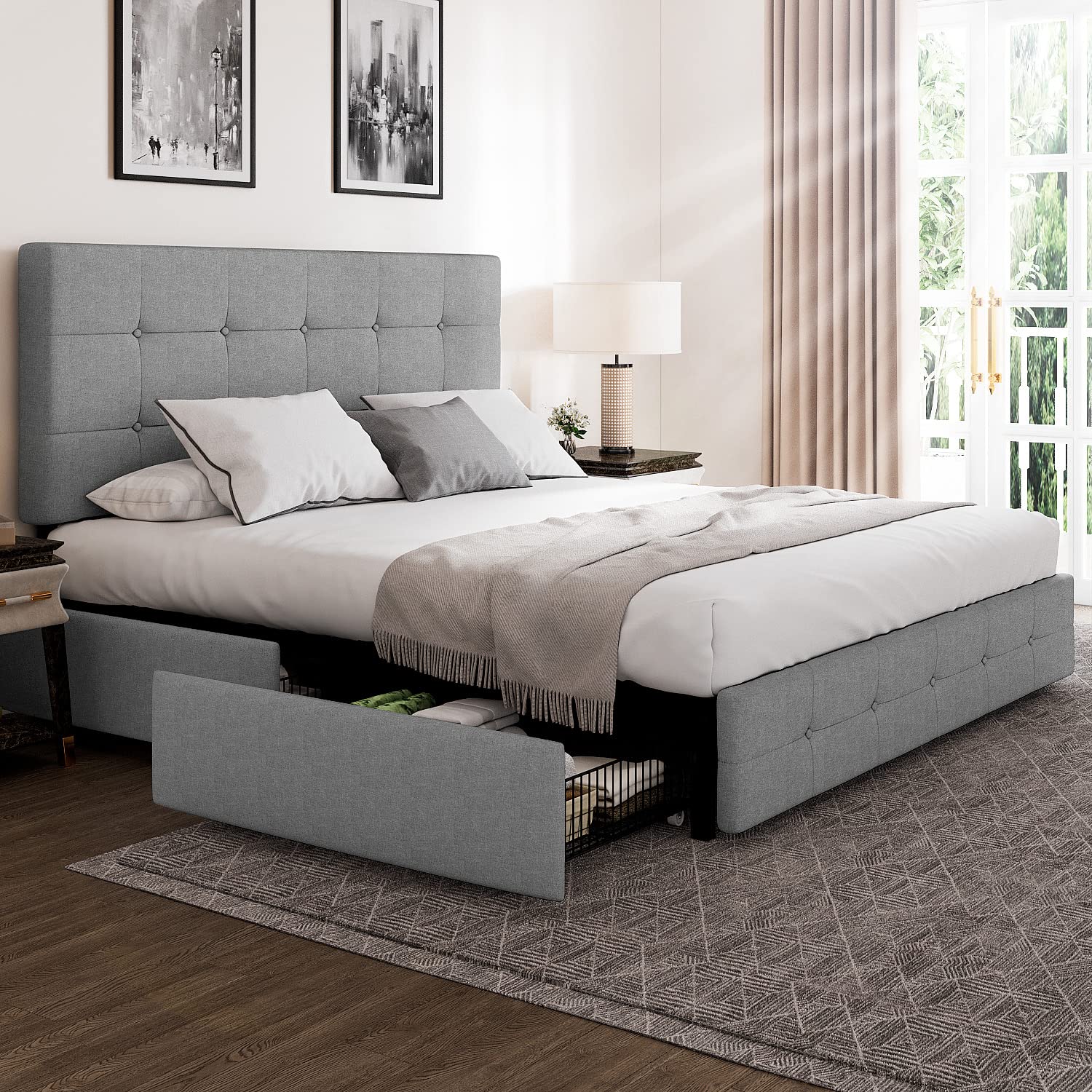 IMUsee Full Bed Frame with Storage Drawers - Upholstered Platform Bed with Adjustable Tufted Headboard, Wood Slat Support, Easy Assembly, No Box Spring Needed - Light Grey - Perfect for Small Bedrooms, Guest Rooms & Apartments