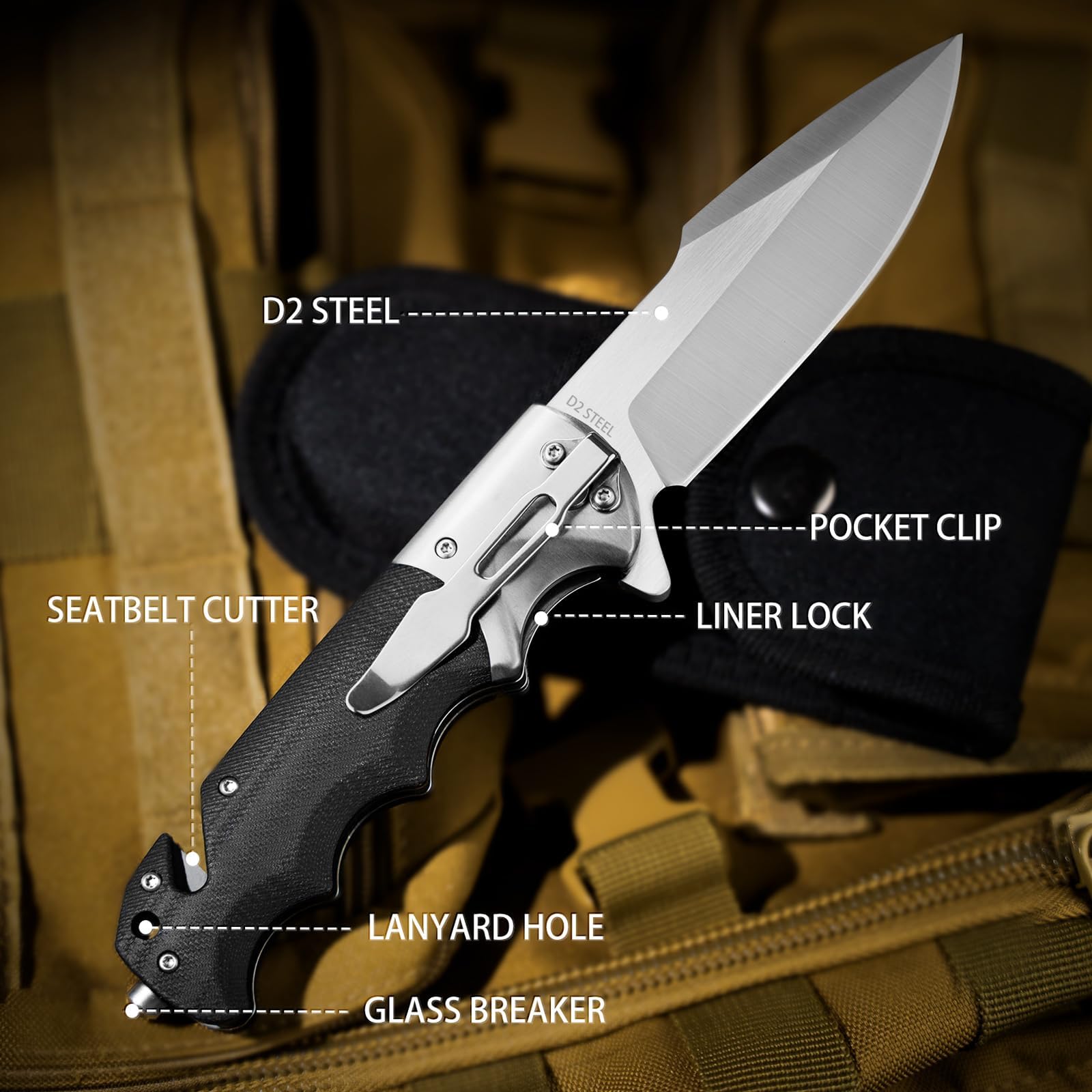 LOTHAR SMAUG 3.7 Inch D2 Steel Folding Pocket Knife with Clip - Tactical Survival Knife with G10 Handle & Glass Breaker - EDC Knife for Men Women - Perfect for Camping, Hiking, Outdoor Adventures & Valentine's Day Gifts