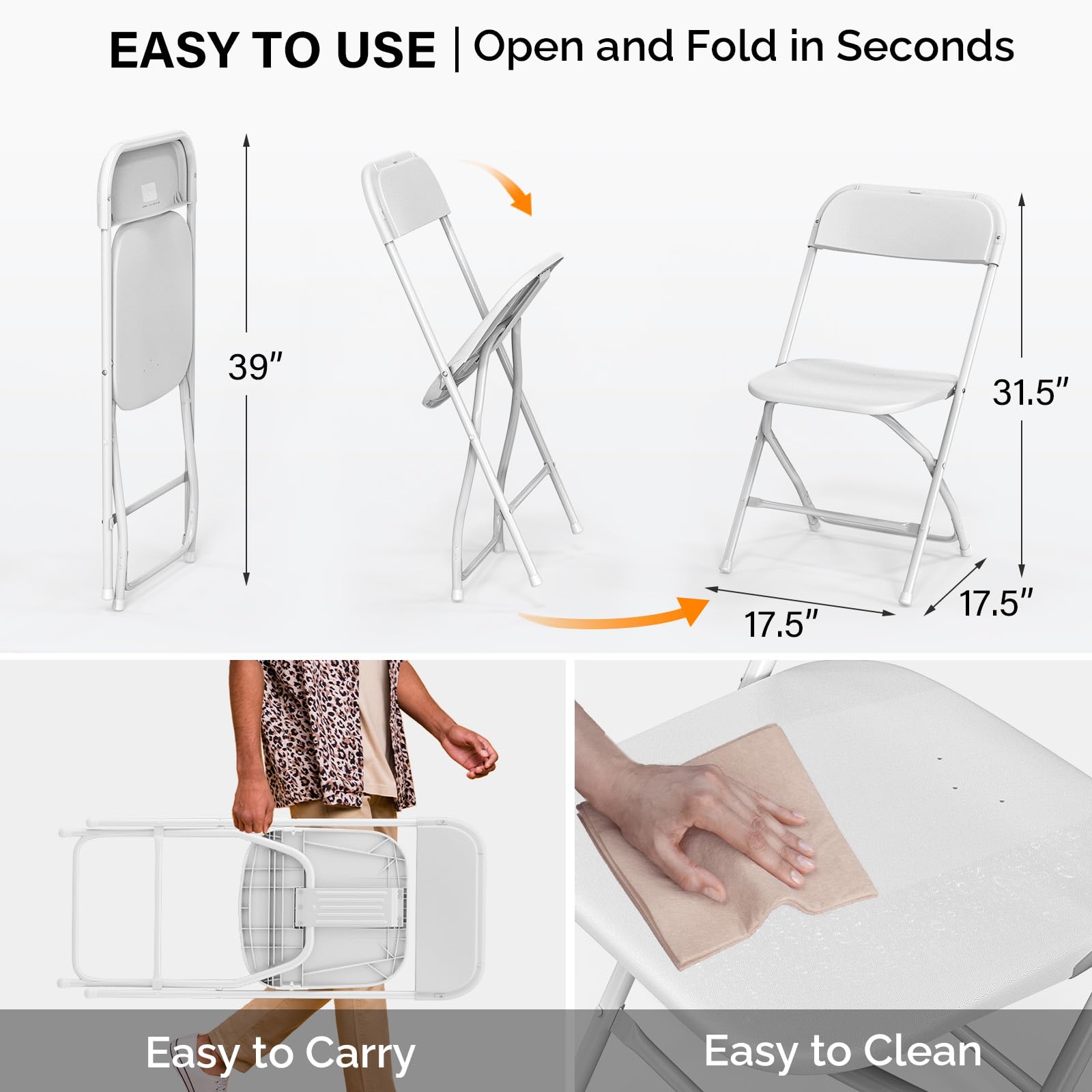 VINGLI 20 Pack White Plastic Folding Chairs - Heavy Duty Stackable Chairs 350lb Capacity, Indoor Outdoor Use for Wedding, Party, Office, Picnic, Dining & Kitchen | Steel Frame Portable Event Chairs