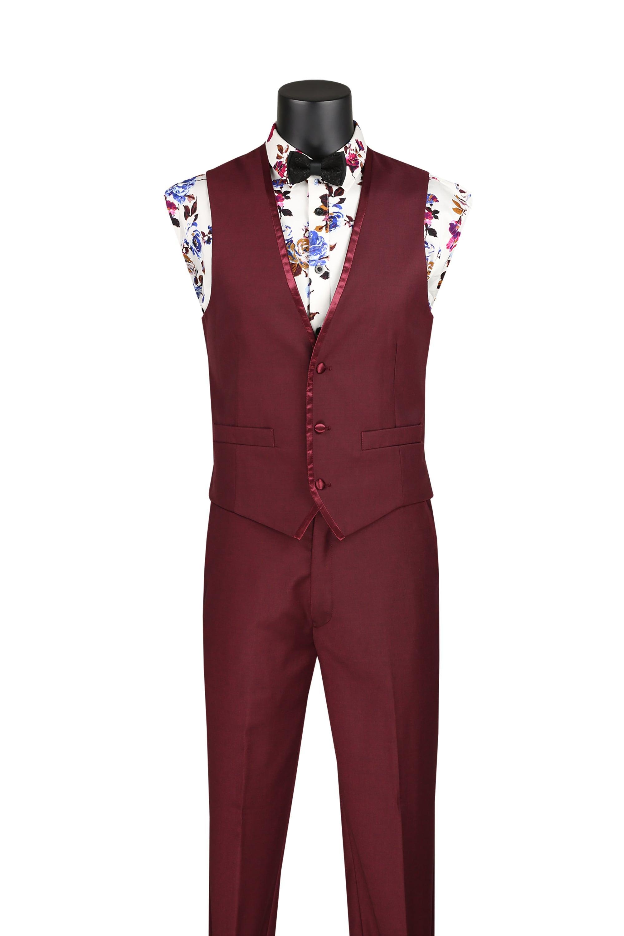 Stylish Burgundy Trimmed Lapel Slim Fit 3 Piece Suit for Men | Formal Business Attire & Wedding Occasions