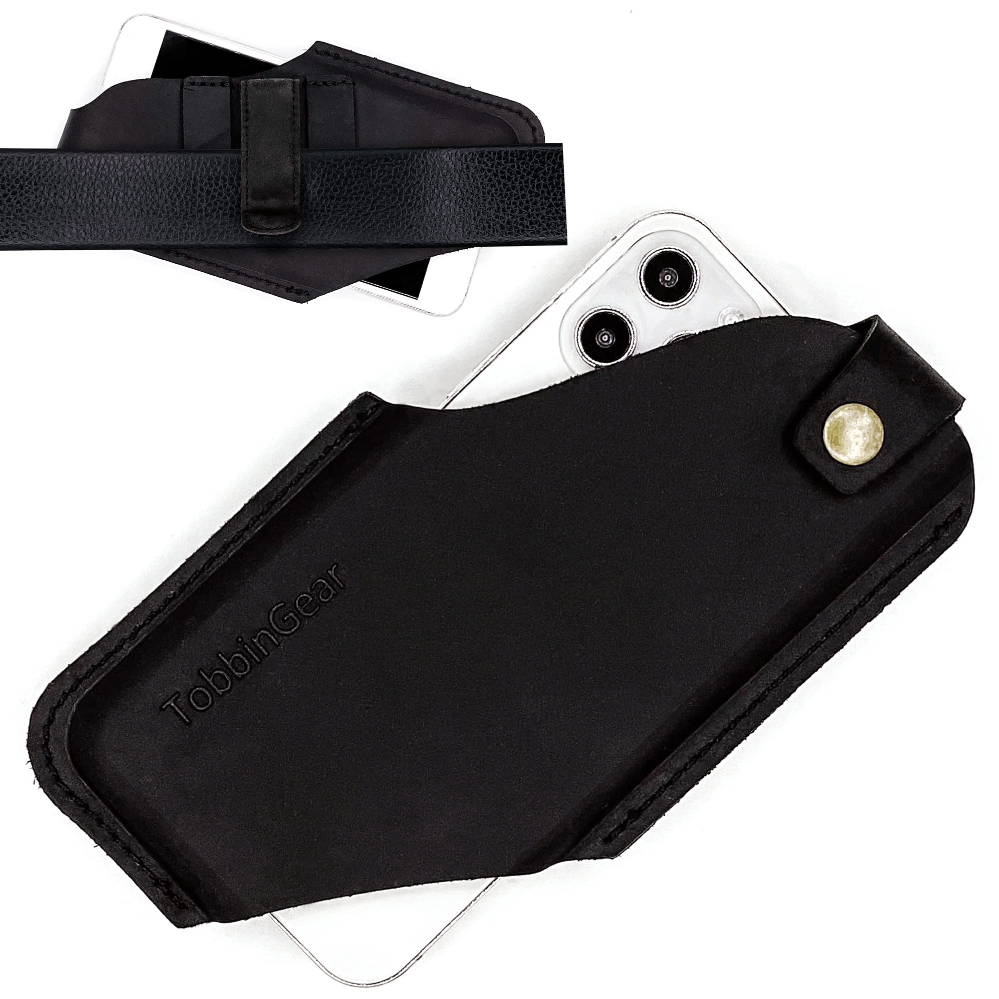 Premium Leather Cell Phone Holster with Belt Clip - Universal Belt Phone Case for iPhone & Android - Black - Perfect for Work, Travel & Outdoor Activities
