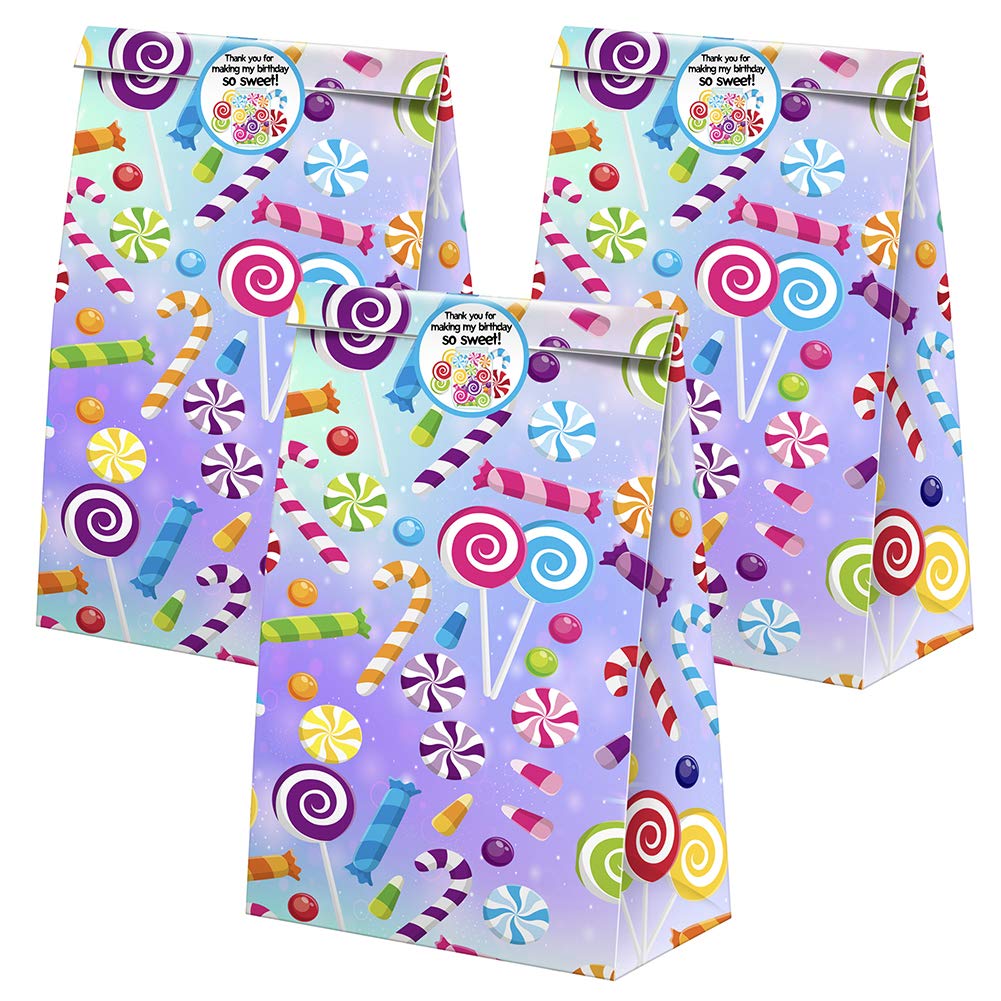 24 Pcs Candyland Themed Goodie Bags with Stickers - Party Favors & Treat Bags for Birthday, Baby Shower, Halloween & Christmas Celebrations