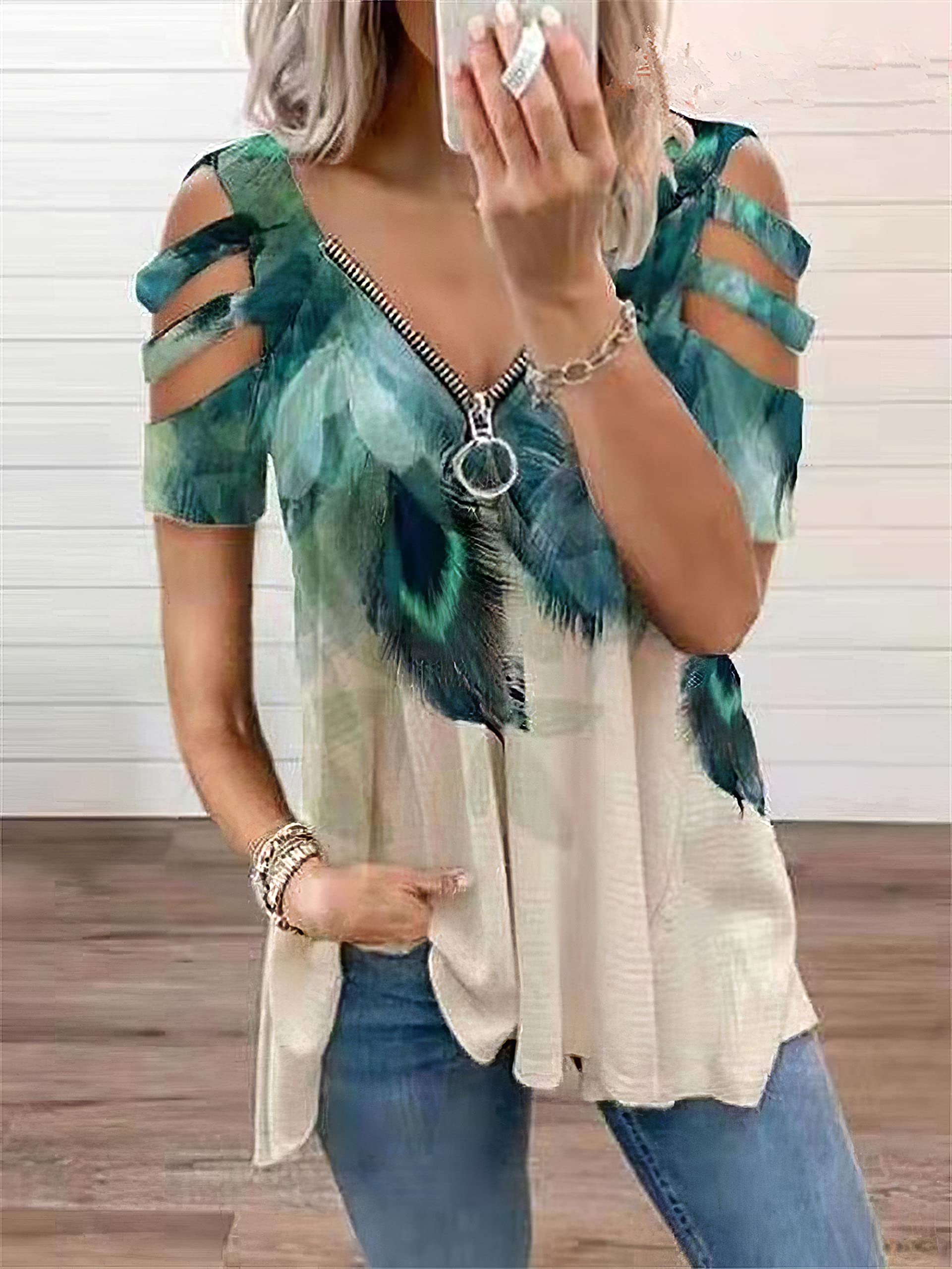 Sexy Women's Short Sleeve V-Neck T-Shirt with Feather Print & Zipper Detail - Summer Casual Blouse for Women | Perfect for Date Nights, Parties & Everyday Wear
