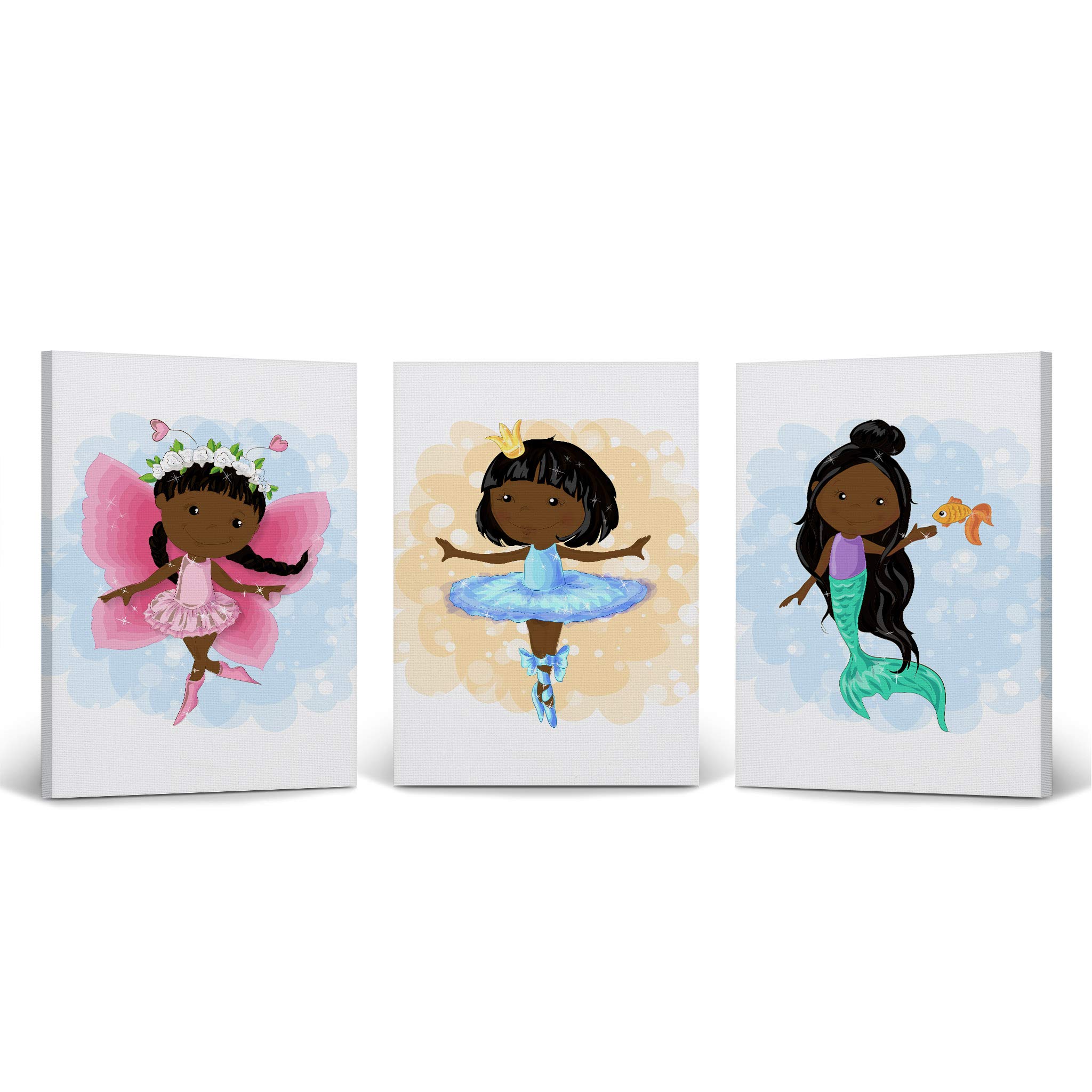 African American Fairy Ballerina Mermaid Canvas Wall Art Set - 3 Panel Nursery Decor for Kids Room, Baby Girl Bedroom, Ready to Hang (36x24 Inches x3) | USA Made | Perfect for Nursery, Children's Bedroom & Playroom Decorations