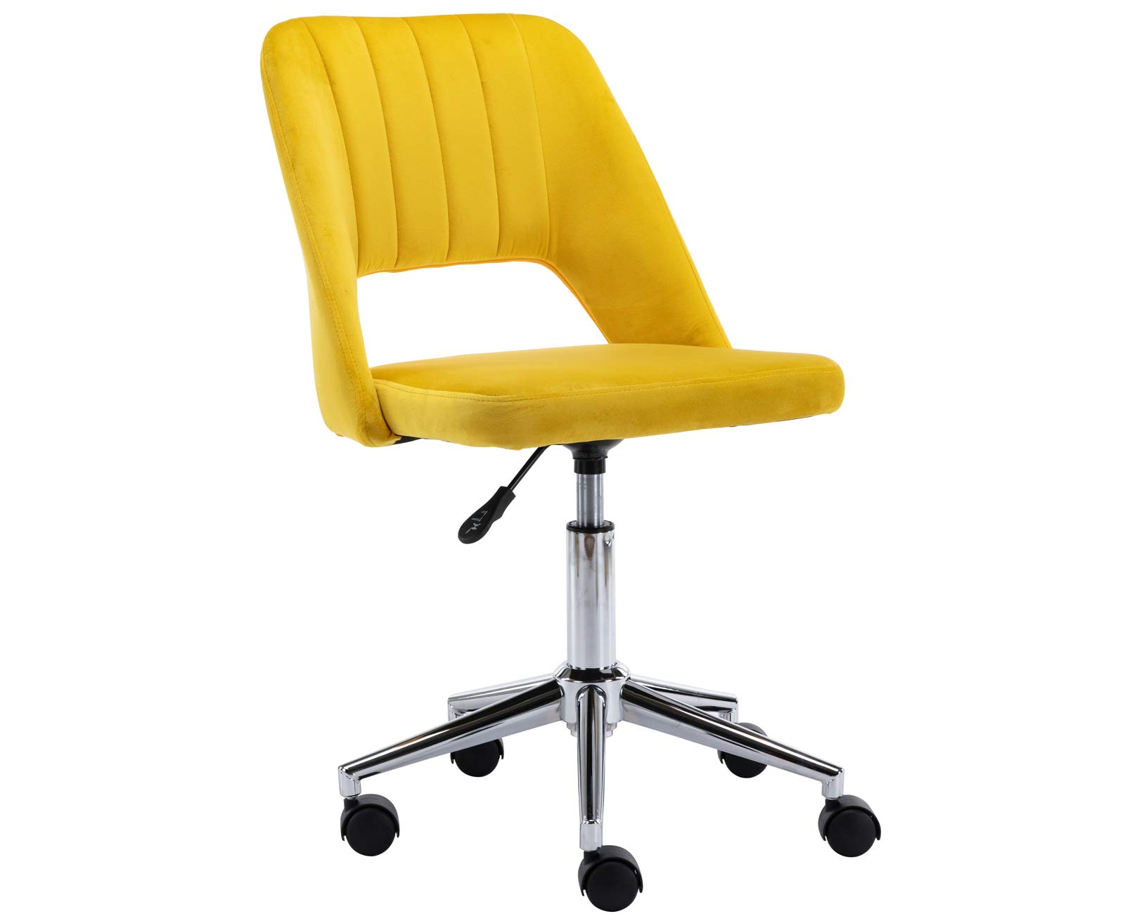DM Furniture Velvet Office Desk Chair with Wheels - Mid Back Modern Home Office Chair, Small & Cute for Bedroom - Yellow with Silver Base - Perfect for Home Office, Study Room & Small Spaces