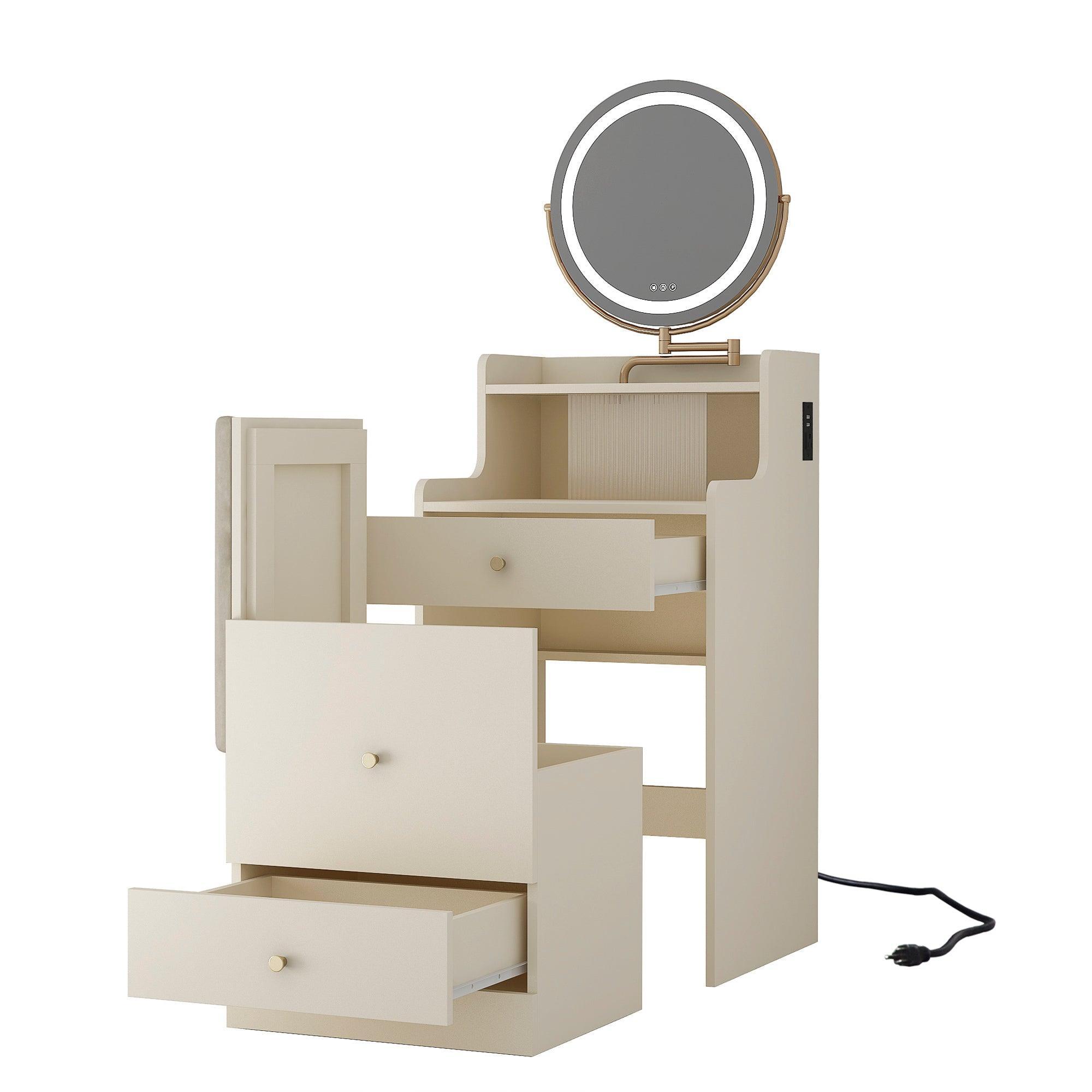 3 in 1 Vanity Desk with LED Mirror, 3 Drawers & Upholstered Stool - Compact Makeup Dressing Table with Lights for Bedroom, Bathroom & Dorm Room Organization