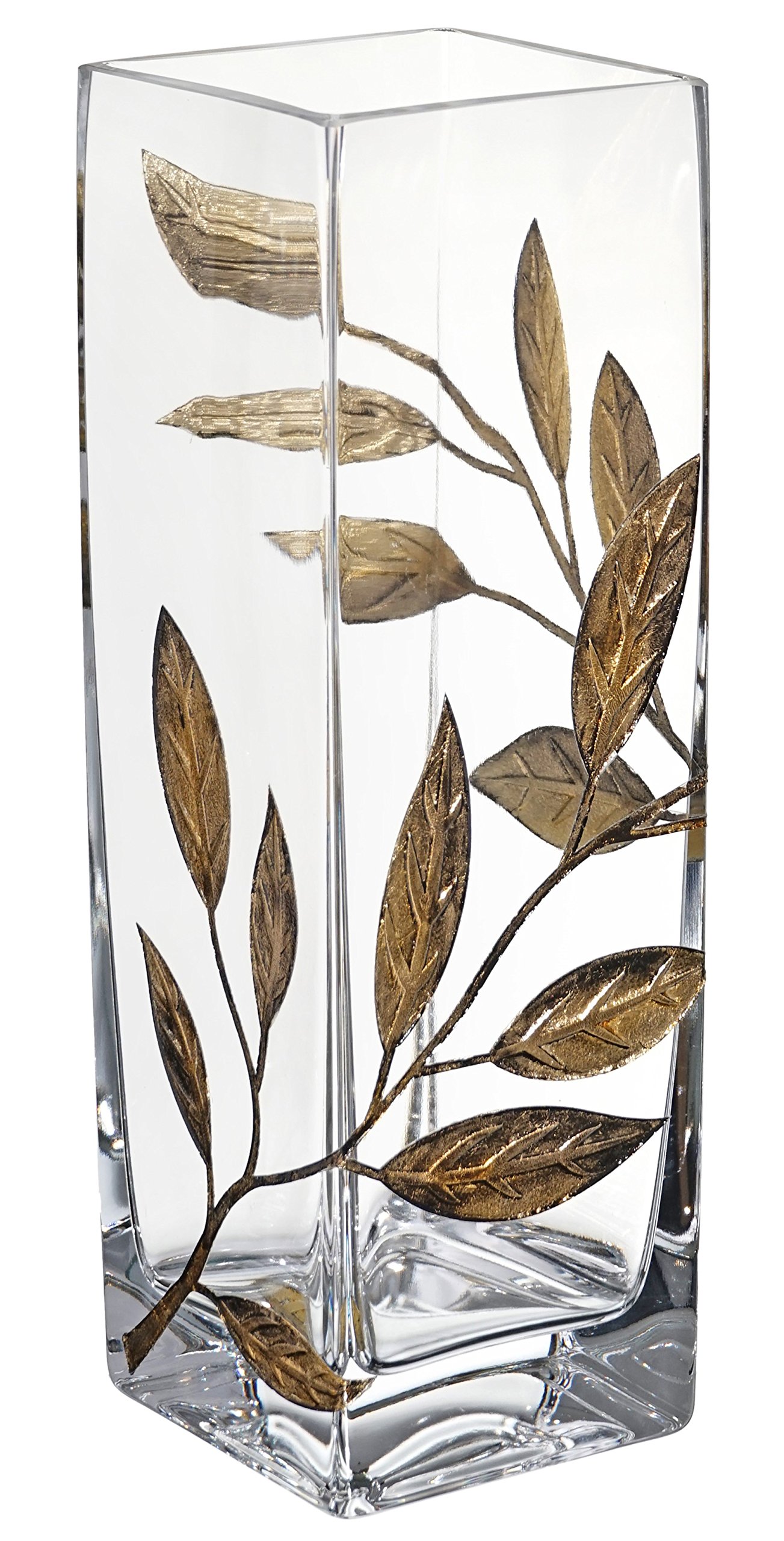 Luxury Hand Blown Glass Vase with Sandblasted Golden Leaves - Elegant Clear Square Vase 9.8 Inch (25cm) in Gold - Perfect for Home Decor, Wedding Centerpiece & Luxury Gift Box Included