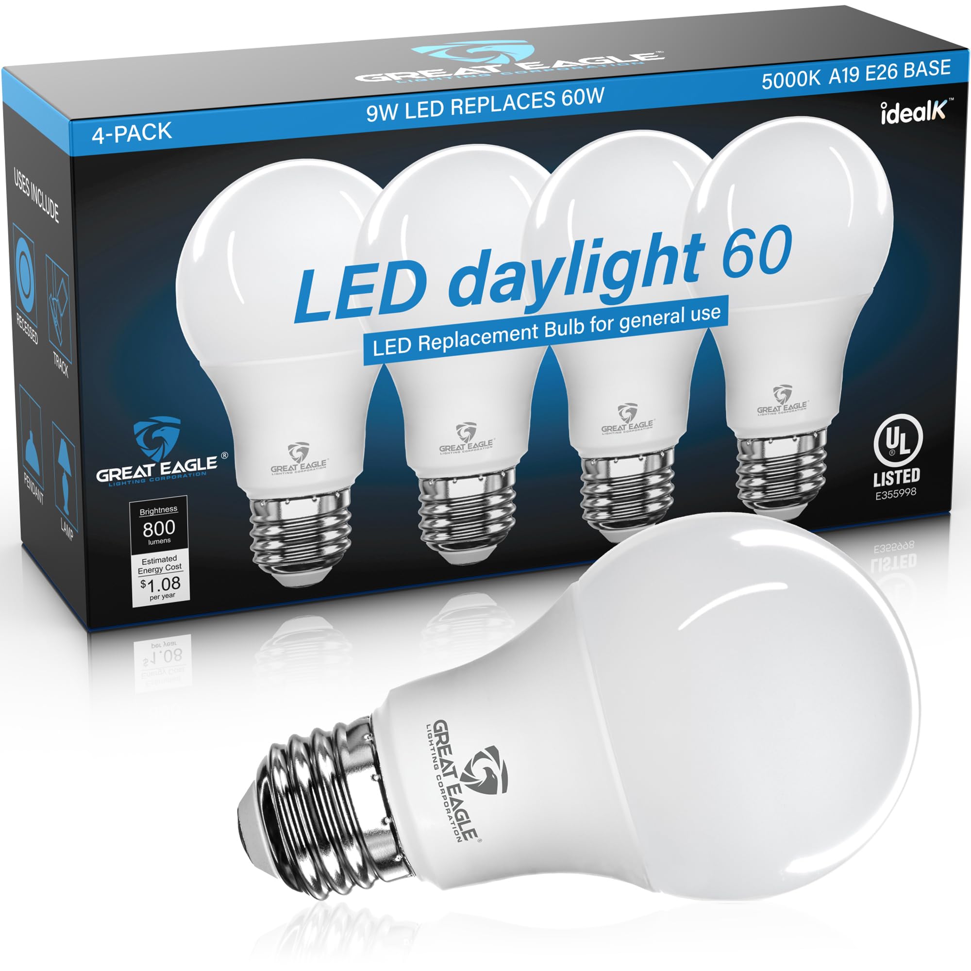Great Eagle A19 LED Light Bulbs 60W Equivalent, 5000K Daylight White, 9W Non-Dimmable, 800 Lumens, UL Listed (4-Pack) - Energy Efficient Lighting for Home, Office, and Workspace