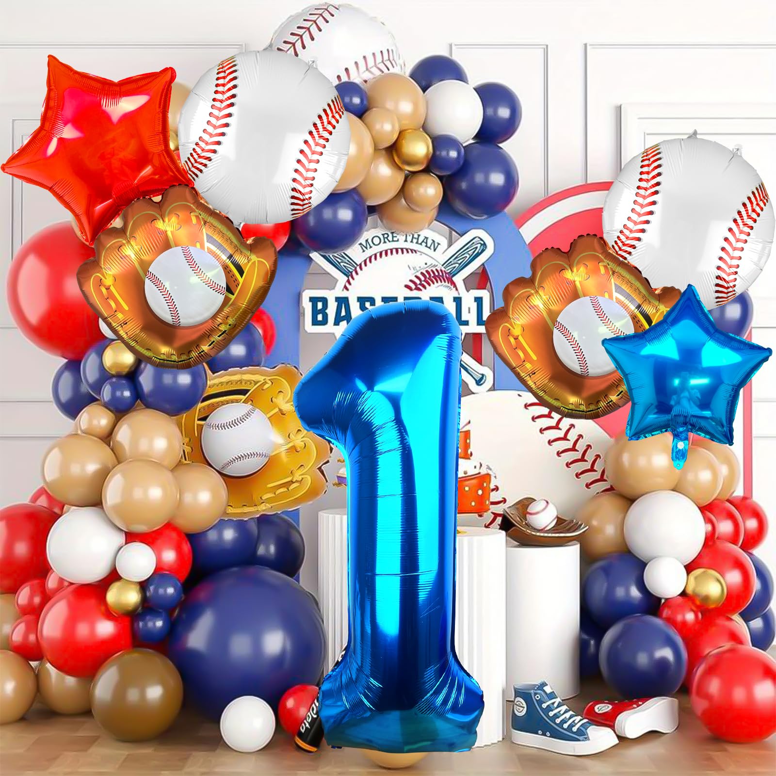 1st Birthday Baseball Balloons - Red, White & Blue Star Balloons for Baseball Party Decorations | Number 1 Baseball Balloon for Rookie of The Year Boys | Perfect for Baseball-Themed Birthday Parties, Baby Showers & Sports Celebrations