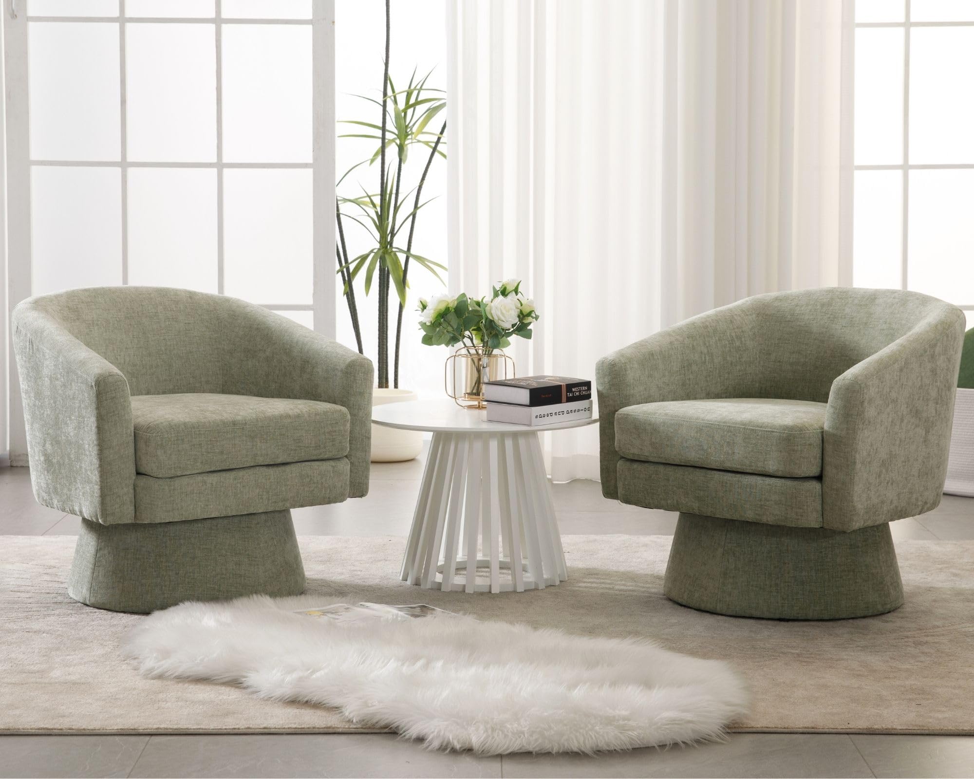 Modern Swivel Accent Chairs Set of 2 - Green Chenille Upholstered Barrel Chairs with Comfy Back Support | Cozy Vanity Armchairs for Living Room, Bedroom & Reading Nook | Round Lounge Club Chairs Perfect for Corner Spaces & Relaxation