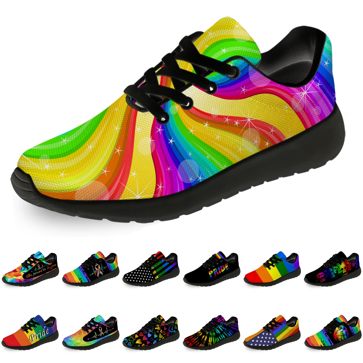 Unisex Pride Running Shoes - Spiral Rainbow LGBT Sneakers for Men & Women (Size 9 Men/10.5 Women) - Perfect for Walking, Tennis & LGBTQ+ Events - Black