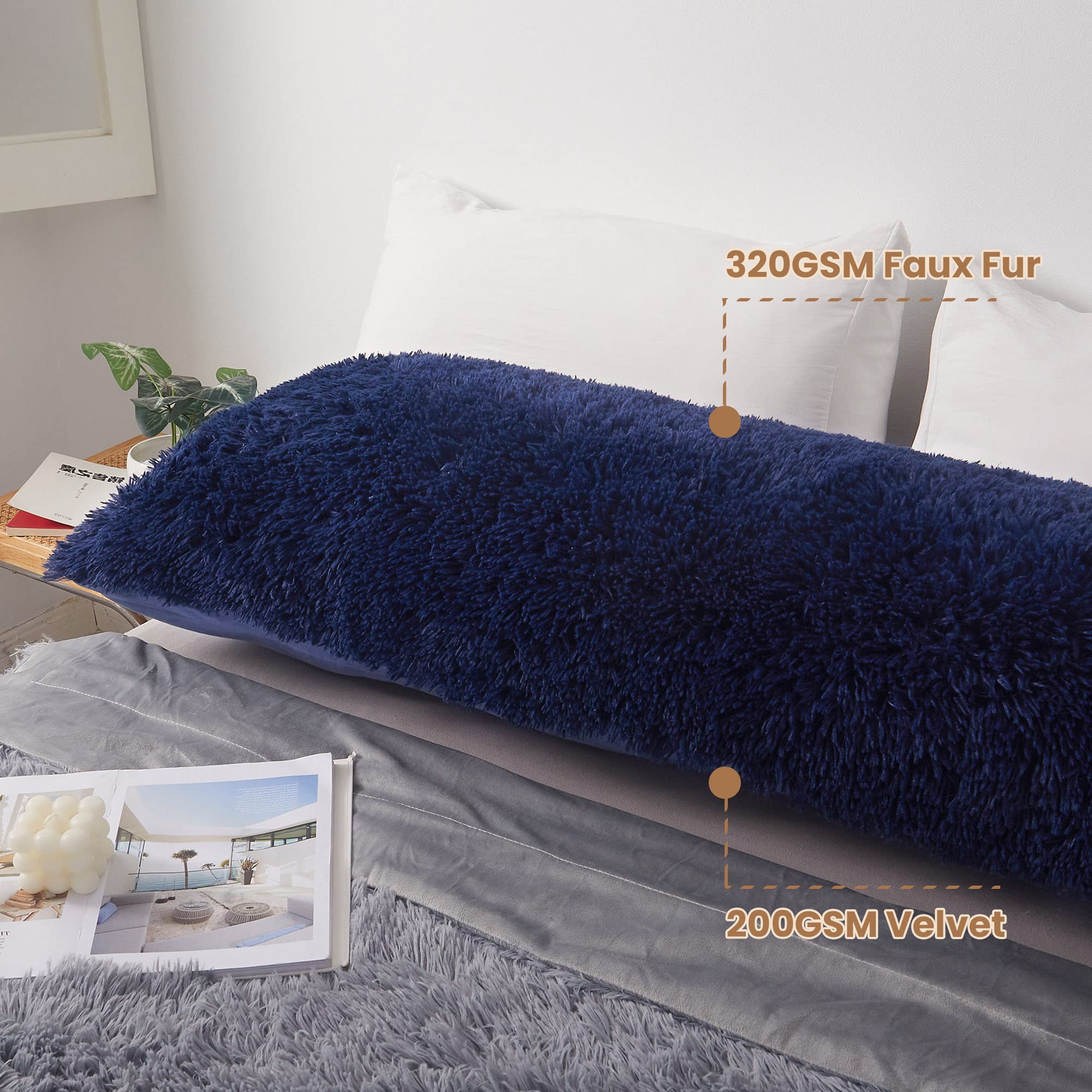MEGO Dark Blue Faux Fur Shaggy Plush Body Pillow Cover - 20x54 Inches Fluffy Long Pillowcase with Zipper for Bed, Couch & Living Room - Ultra Soft Fuzzy Throw Pillow Sham for Cozy Home Decor & Relaxation
