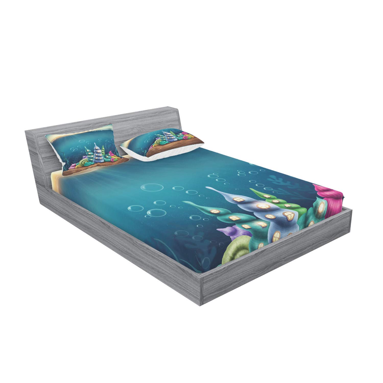 Ambesonne 3-Piece Ocean Themed Bedding Set - Full Size Fitted Sheet & Pillow Shams with Underwater Fantasy Kingdom, Shell Houses & Water Bubbles Cartoon Print in Teal & Brown | Perfect for Kids' Rooms, Beach Themed Decor & Fantasy Bedroom Designs