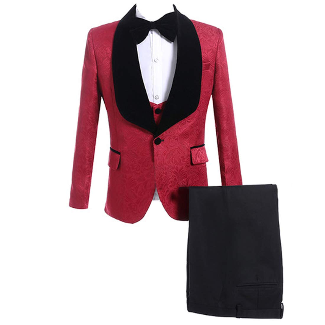 Men's Groomsmen Shawl Lapel Embossed Fabric Wedding Suit Set (Jacket + Vest + Pants + Bowtie) - Perfect for Weddings, Proms & Formal Events