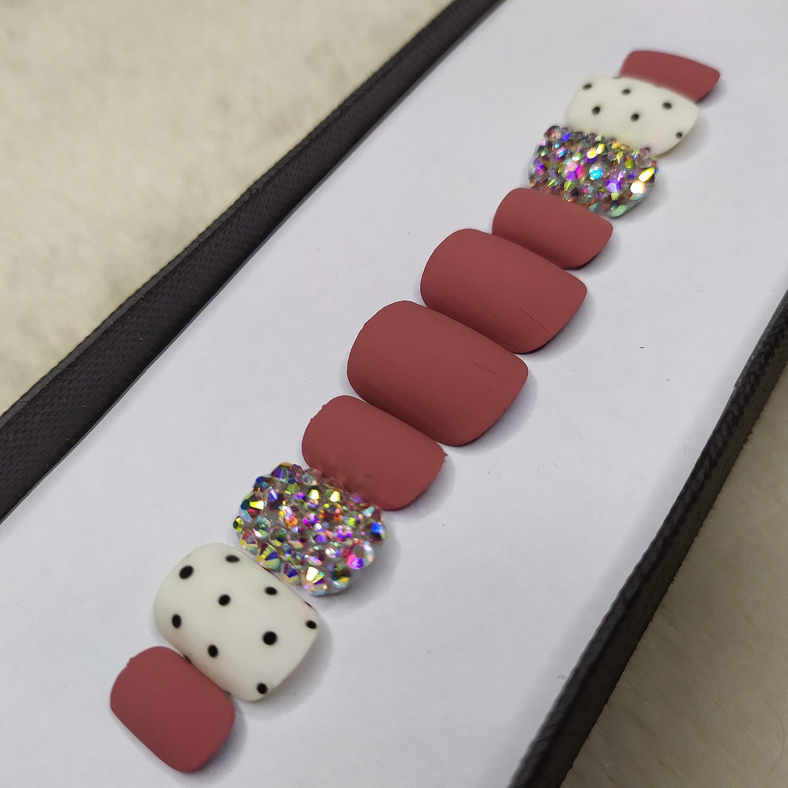 Matte Rose Black Dots Studded Press on Fake Nails - Square Artificial Nails with Complete Application Kit (20 Nails) | Perfect for Parties, Weddings & Special Occasions