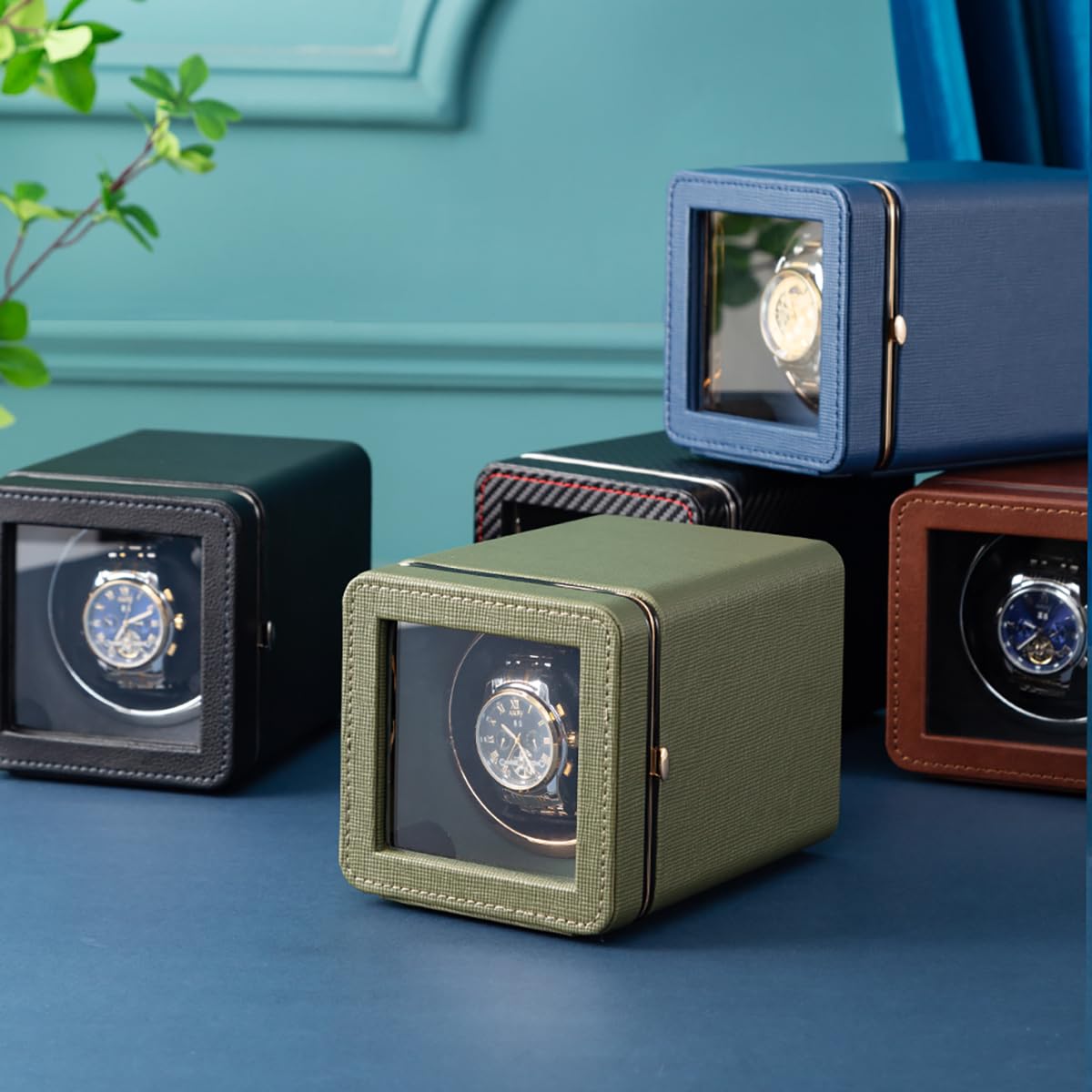 Premium Automatic Watch Winder with Japanese Brushless Silent Motor - Modern Leather Surface Design with Ambient LED Lighting - Perfect for Automatic Watch Storage & Display - Ideal Gift for Watch Collectors & Trendy Professionals (Black)