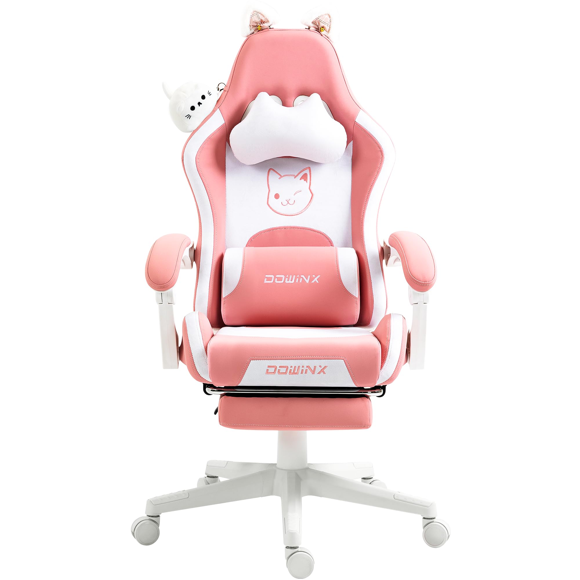 Dowinx Pink Ergonomic Gaming Chair with Cute Cat Design - High Back Office Chair with Lumbar Massage Support, PU Leather, Footrest - Perfect for Gaming, Working & Home Office Use