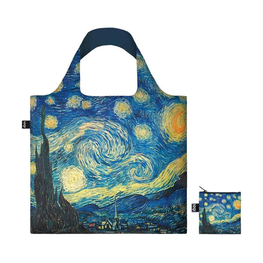LOQI Foldable Reusable Shopping Bag - Starry Night Van Gogh Design - Lightweight & Eco-Friendly Tote for Groceries, Travel & Beach