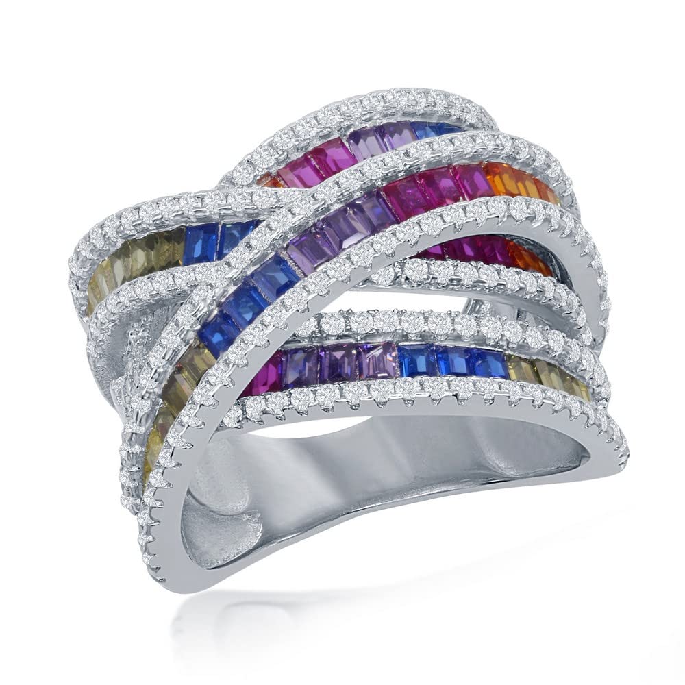Sterling Silver Rainbow Multicolor Baguette & Clear Round Cubic Zirconia Double X Band Ring for Women - Elegant Stackable Jewelry for Weddings, Parties & Everyday Wear