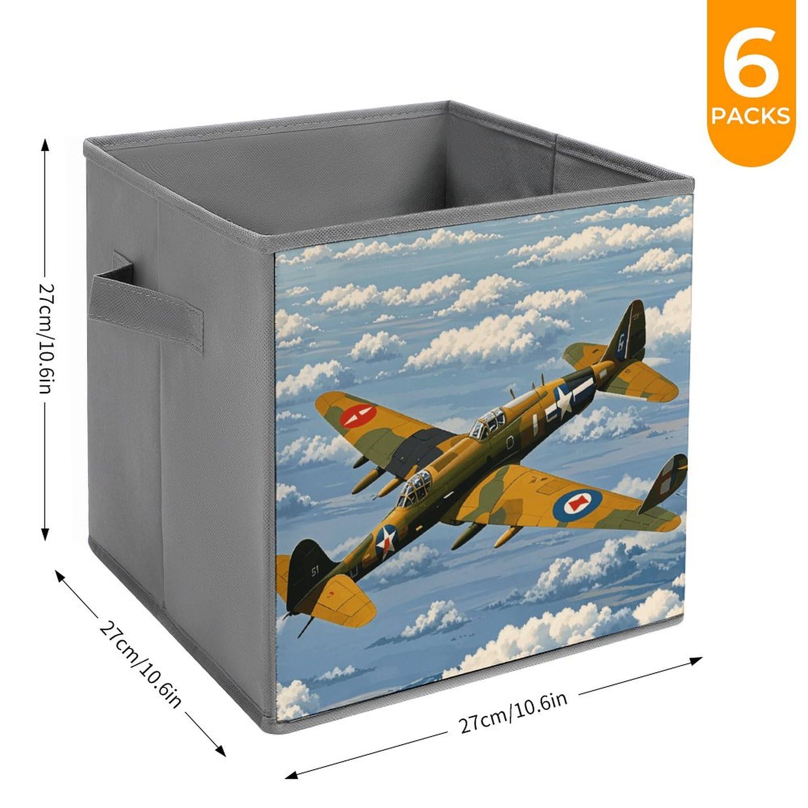 6-Piece Collapsible Storage Bins with Handles - WWII Aircraft Printed Foldable Organizing Boxes for Home, Closet & Shelf Storage | Multi-Purpose Collapsible Baskets for Bedroom, Bathroom & Office Organization