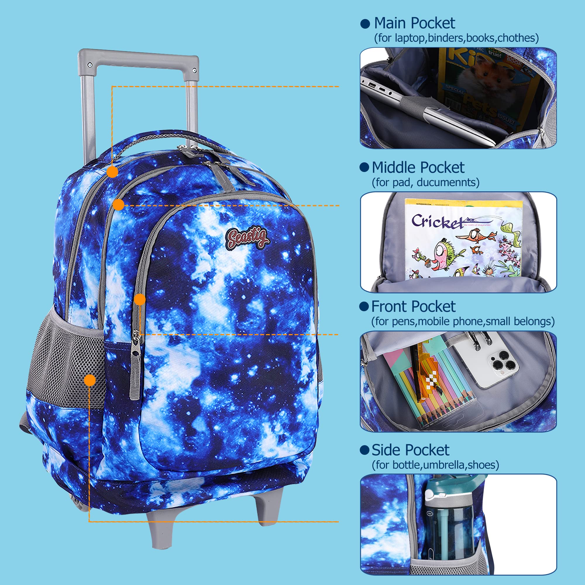 Seastig 18 Inch Rolling Backpack for Kids - Double Handle Wheeled Backpack with Detachable Lunch Bag Set | School Travel, Airplane Carry-On, Daily Commute for Boys & Girls