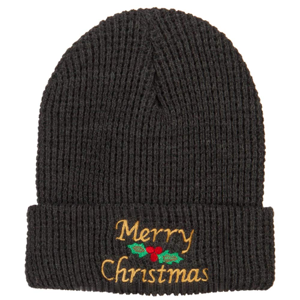 Merry Christmas Mistletoe Embroidered Stretchy Waffle Cuff Beanie Hat - Cozy Winter Knit Cap for Holiday Parties & Outdoor Activities | e4Hats.com
