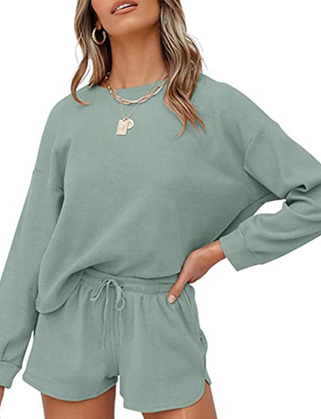 Haellun Women's Waffle Knit Pajama Set - Long Sleeve Top & Shorts Comfy Sleepwear Loungewear - Perfect for Cozy Nights, Relaxing at Home & Sleepovers