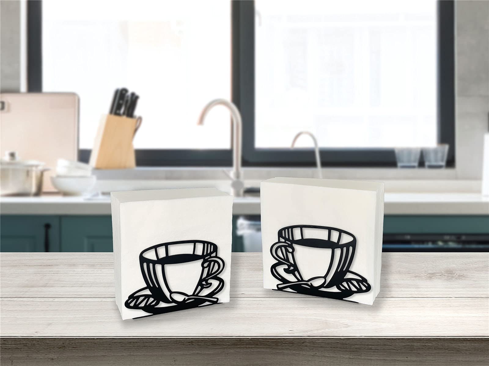 2-Pack Black Farmhouse Napkin Holders for Table - Stainless Steel Paper Napkin Dispenser with Coffee Cup Design - Perfect for Kitchen, Dining Room, and Cocktail Party Decor