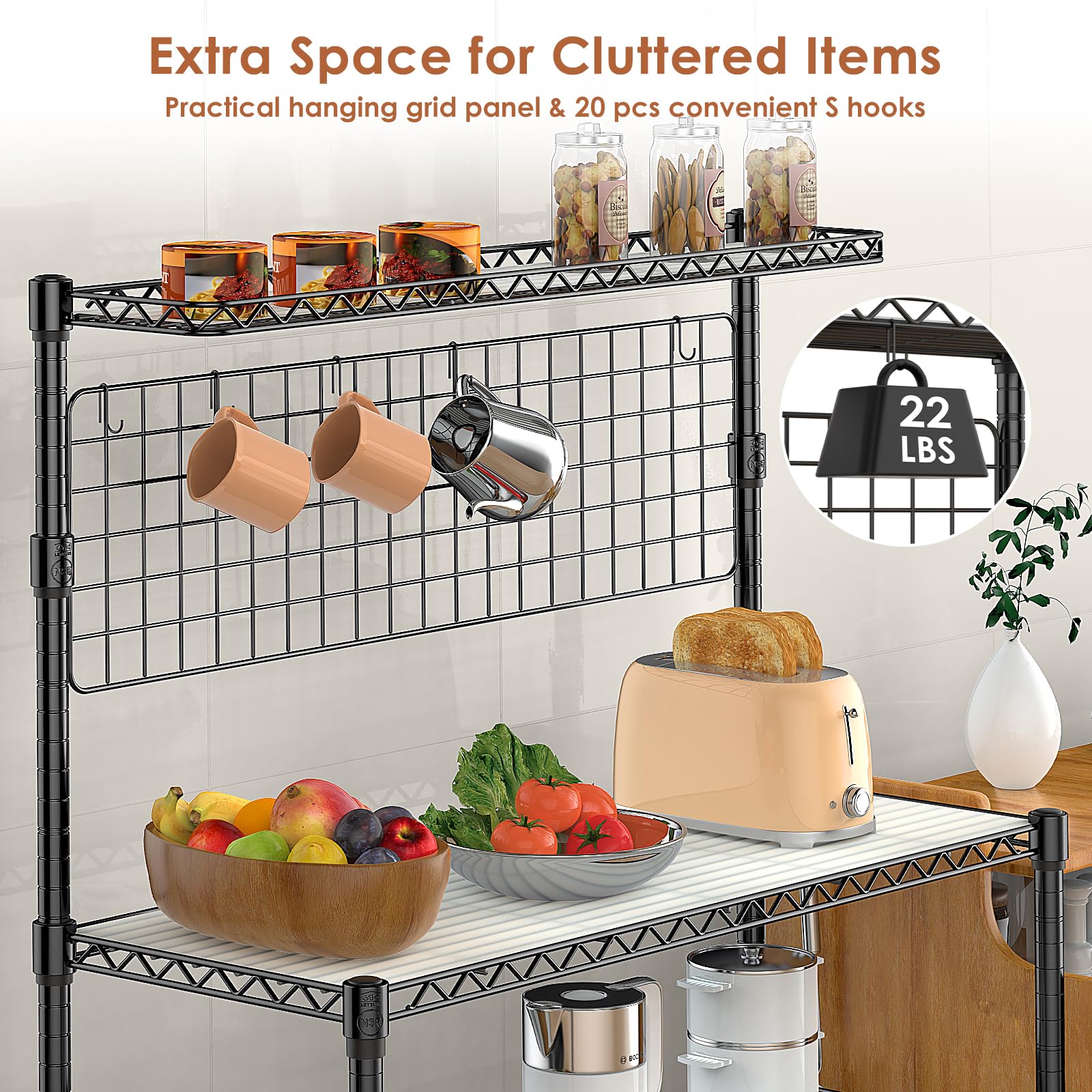 42 Inch Heavy Duty Bakers Rack with Storage & Wheels - 4-Tier Metal Kitchen Shelves, Microwave Stand & Utility Cart with 20 S-Hooks (42×18×63 Inch, Black) - Perfect for Commercial Kitchens, Bakeries, Restaurants & Home Cooking Spaces