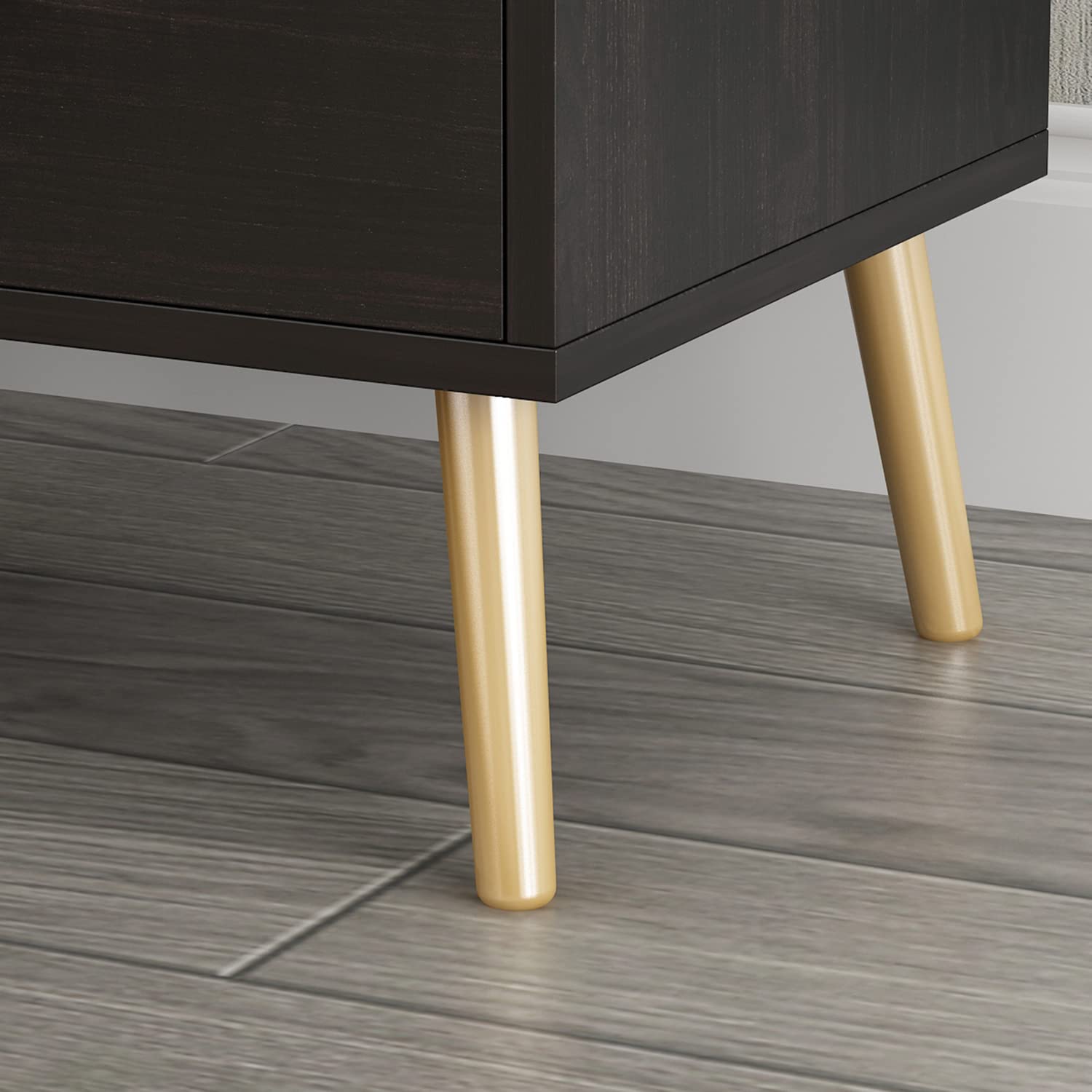 Modern Nightstand Set of 2 - Bedside Table with Drawer & Open Shelf, Gold Metal Legs End Table for Bedroom & Living Room, Black (19.5”L x 15.6”W x 20”H) - Perfect for Small Spaces, Apartment Decor & Guest Room Furniture