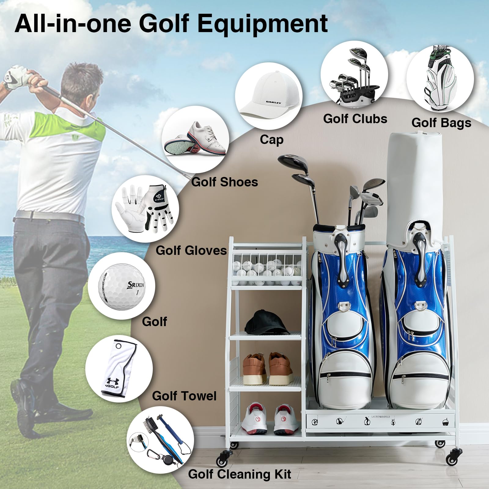Lauren&Harold Golf Bag Organizer - 2-Bag Golf Storage Rack Stand for Clubs & Equipment | Garage, Basement & Shed Golf Organization Solution | Perfect for Home Golf Storage & Equipment Management