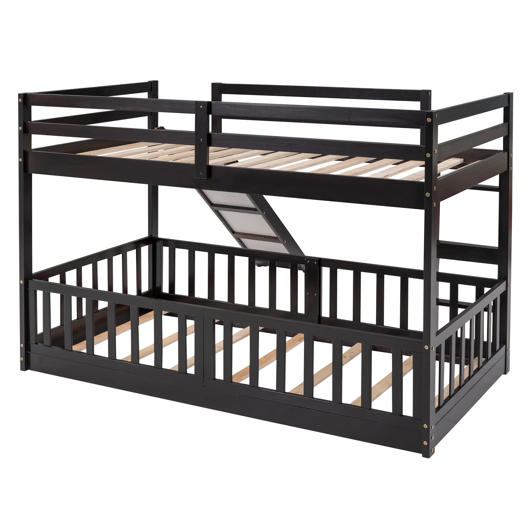 Harper & Bright Designs Twin Over Twin Low Bunk Bed with Slide - Wooden Kids Bunk Bed with Ladder & Safety Guardrail - Space-Saving Bedroom Furniture for Boys & Girls (Espresso Finish) - Perfect for Small Rooms, Shared Kids' Bedrooms & Sleepovers
