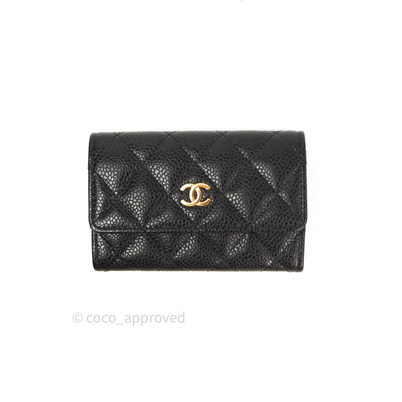 Chanel Black Caviar Leather Card Holder with Gold Snap Button - Compact Wallet for Credit Cards & ID - Perfect for Everyday Use, Travel, and Gifting