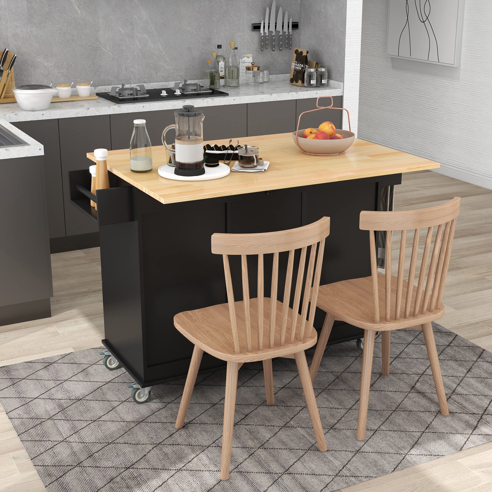 HABITRIO Multi-Functional Kitchen Island Cart with Cabinet, Storage Drawers & Spice Rack - Extendable Solid Wood Counter Height Table on Wheels (Black) - Perfect for Small Kitchens, Breakfast Bars & Extra Prep Space