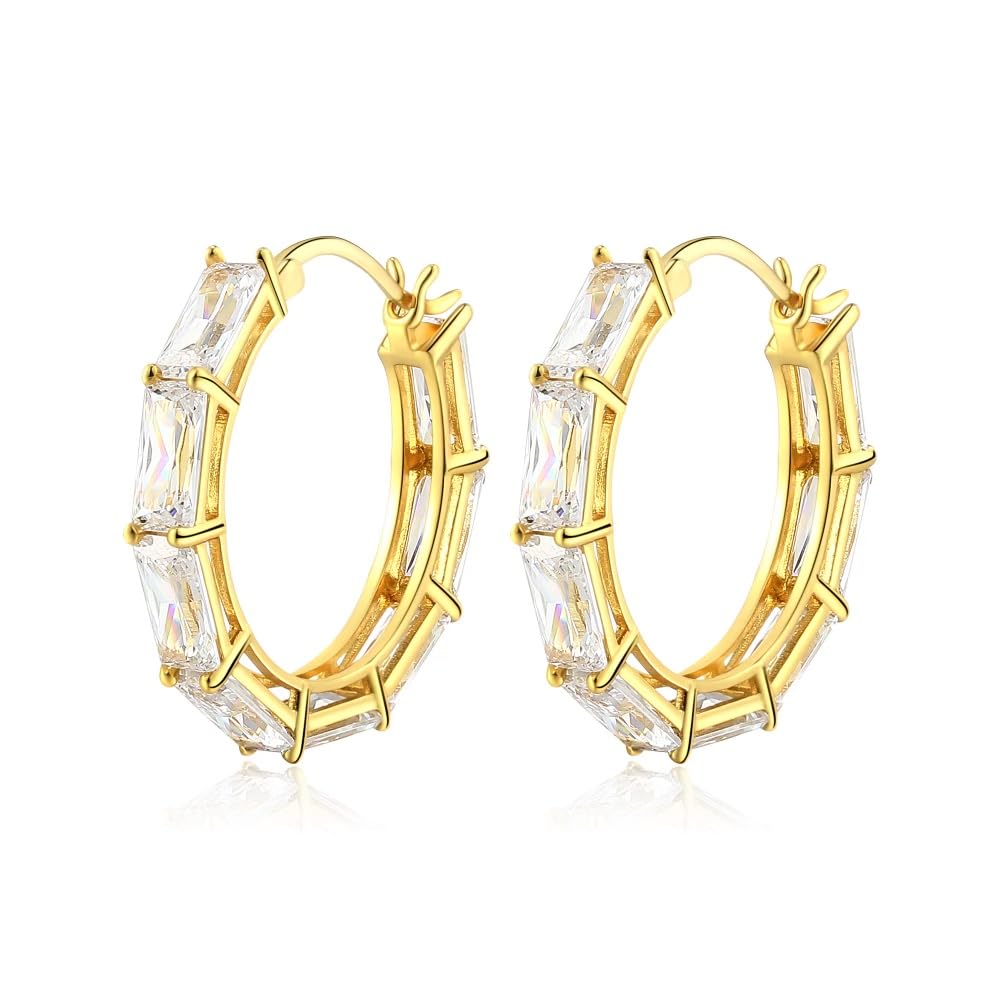 Baguette Gem Hoops - 18k Gold Filled Cubic Zirconia Hypoallergenic Earrings | Tarnish, Lead & Cadmium Free Statement Hoop Earrings for Women | Perfect for Parties, Weddings & Everyday Elegance