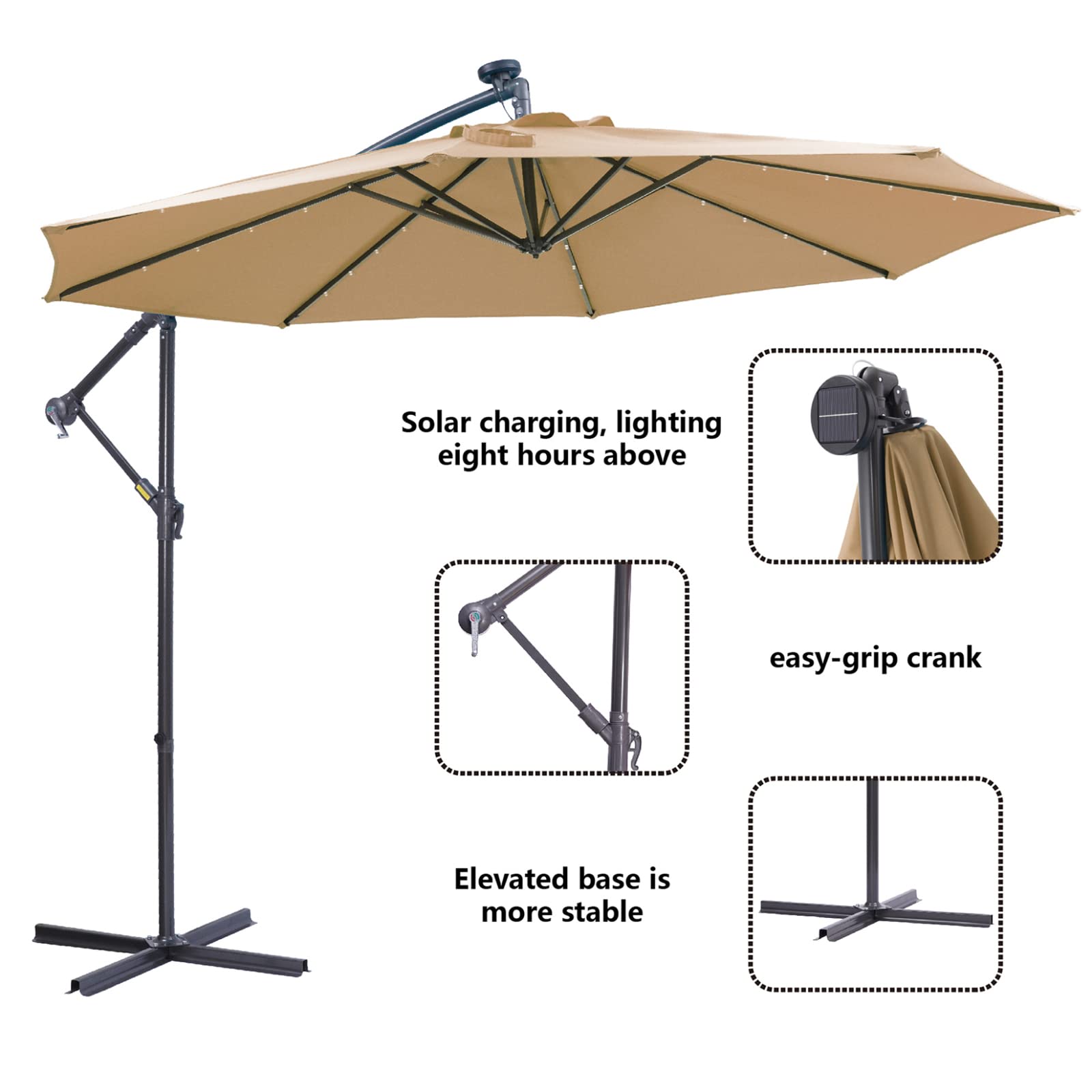 10 FT Solar LED Cantilever Patio Umbrella with Base - 32 Bright LED Lights, Easy Open Adjustable Outdoor Umbrella for Garden, Poolside & Backyard Relaxation