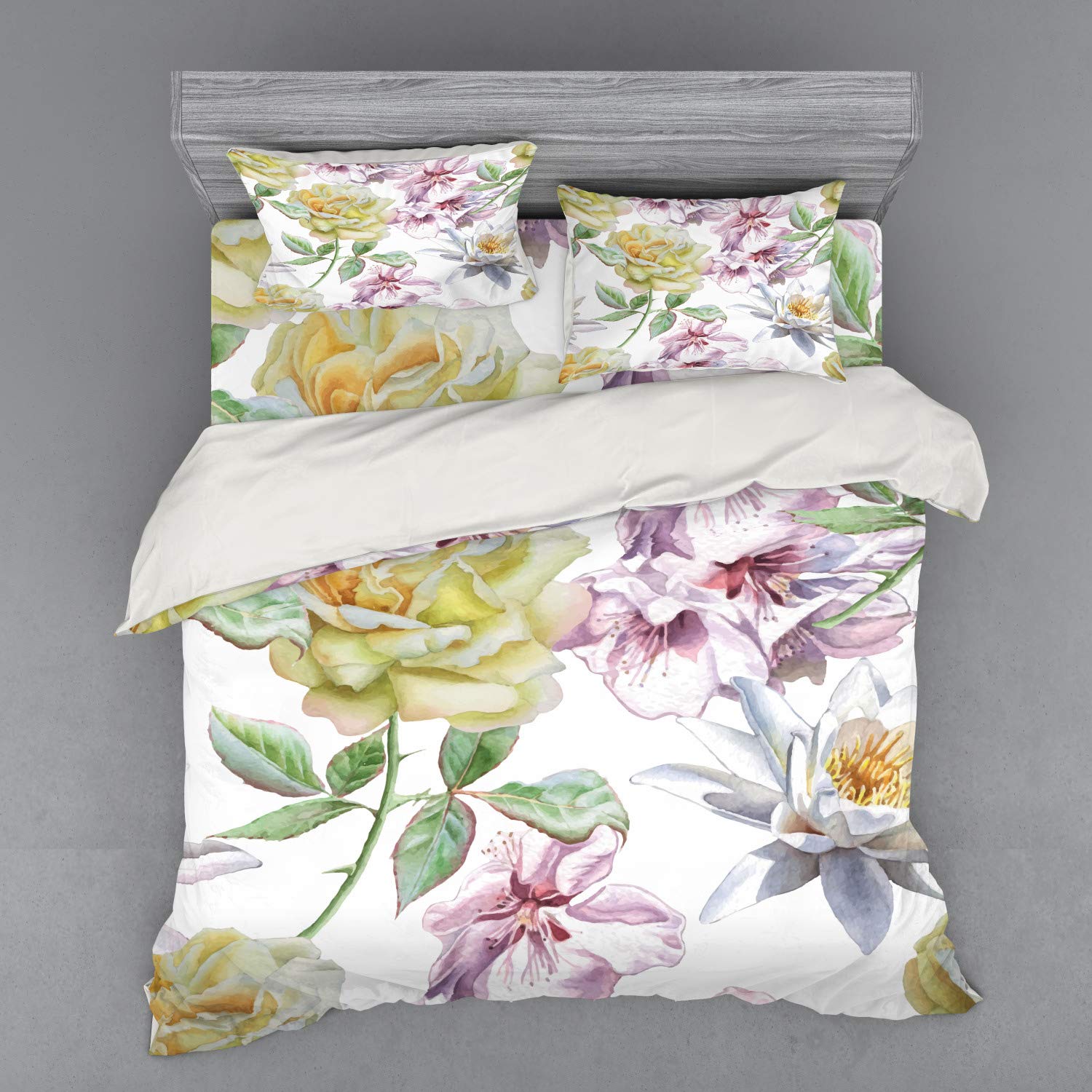Ambesonne Floral Duvet Cover Set - King Size 4-Piece Bedding Set with Rose Petals, Sakura & Lily Flower Design in Fern Green & Pale Pink | Includes Shams & Fitted Sheet | Perfect for Romantic Bedroom Decor, Spring Refresh & Guest Room Makeover