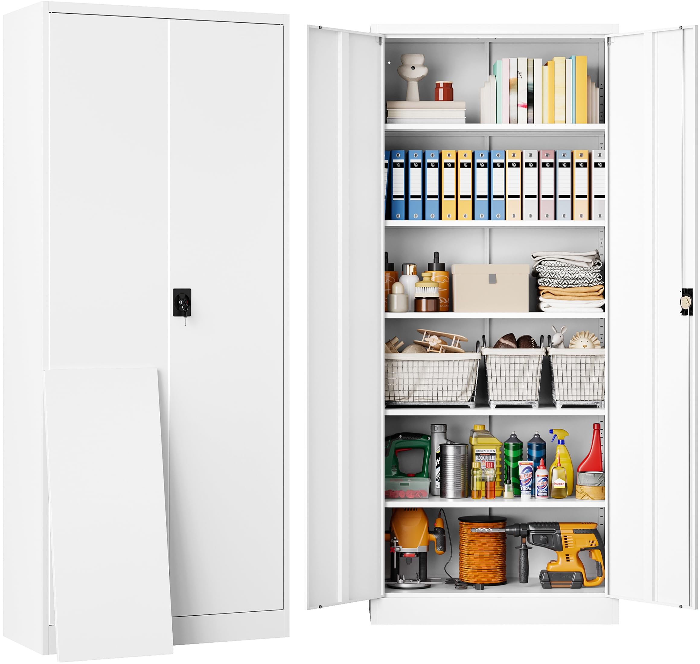 White Metal Storage Cabinet with 5 Adjustable Shelves - 71