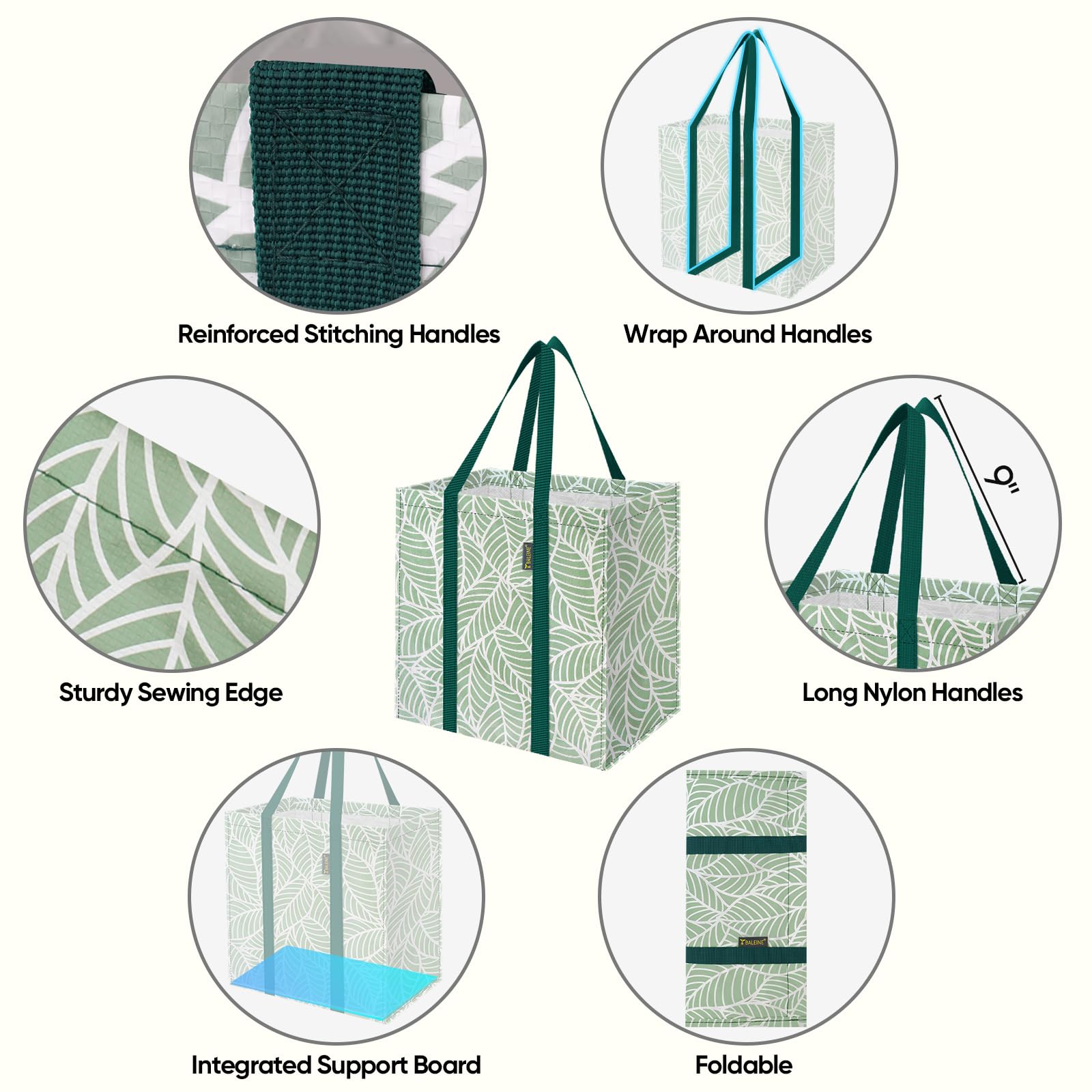 BALEINE 4-Pack Heavy Duty Reusable Grocery Shopping Bags with Reinforced Bottom - Foldable Eco-Friendly Tote Bags (Antique Foliage) - Perfect for Grocery Shopping, Farmers Market & Beach Trips
