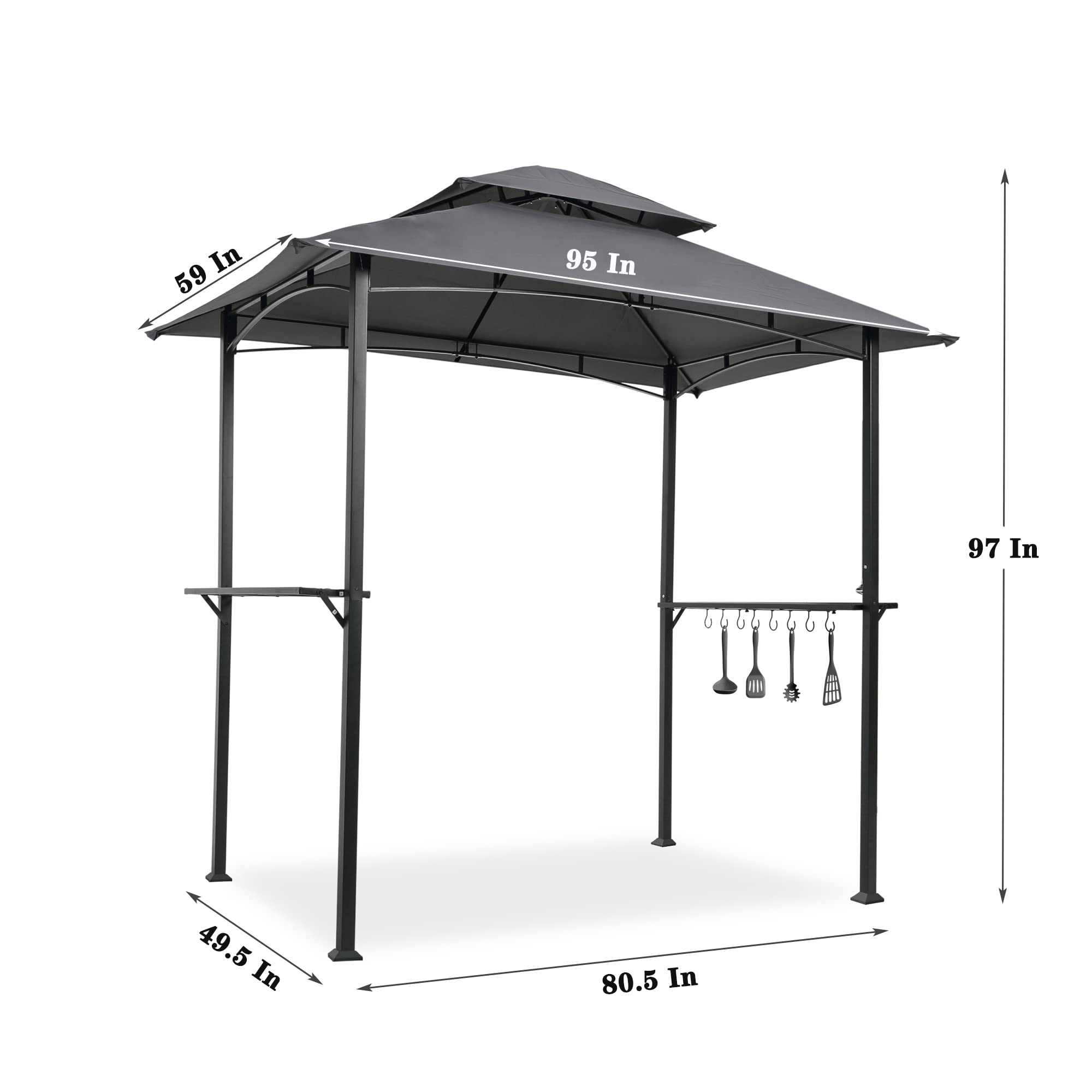 8x5 Ft Heavy Duty Grill Gazebo - Double Tiered Outdoor BBQ Canopy with 2 Side Shelves, Hooks & Bottle Opener - Weather Resistant BBQ Shelter for Patio, Garden, Beach, Backyard & Picnic - Perfect for Summer Cookouts & Outdoor Entertaining (Gray)