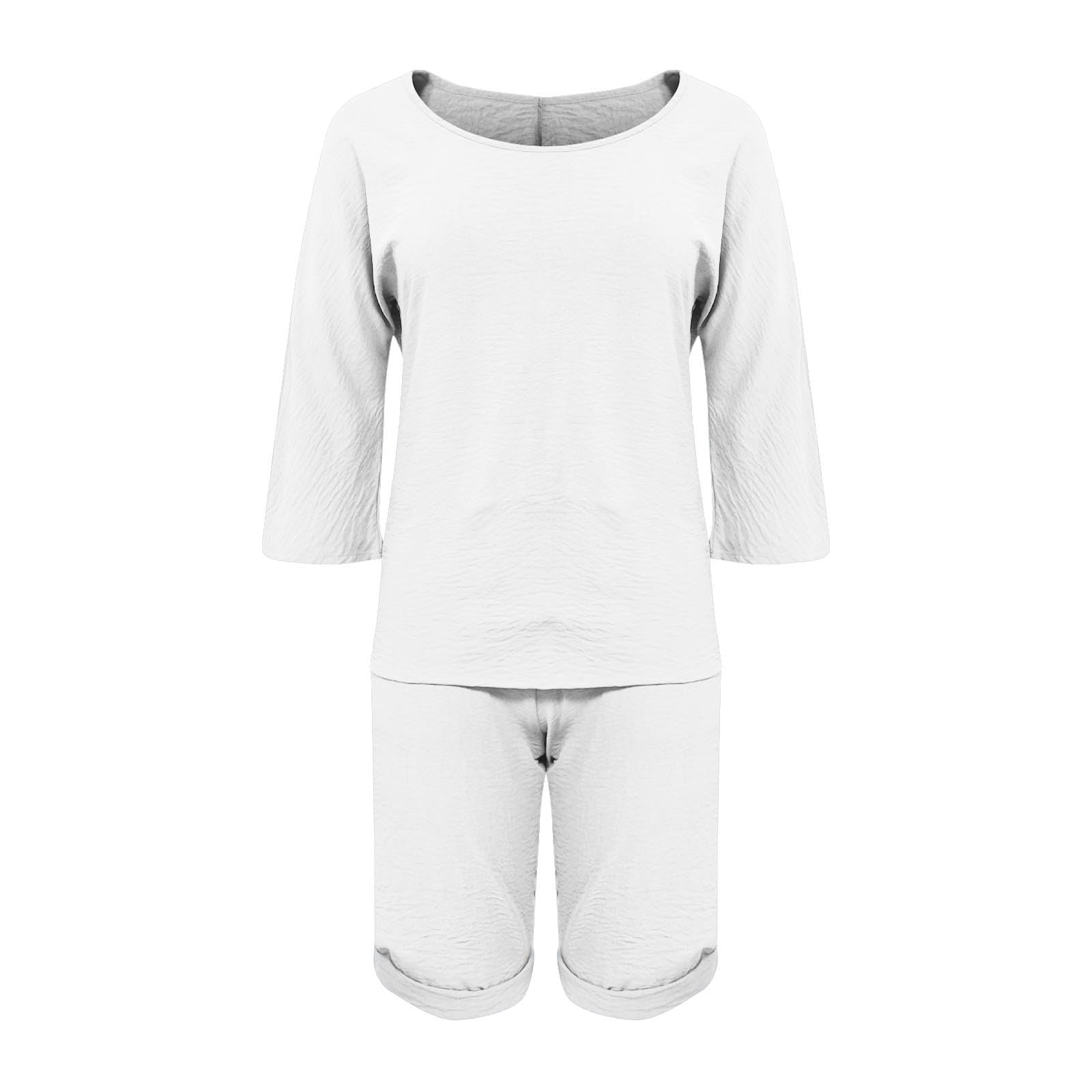 Women's Soft Comfy 2-Piece Pajama Set with Shorts & 3/4 Sleeve Crewneck Top - Loose Fit Sleepwear & Lounge Wear for Relaxing at Home or Traveling