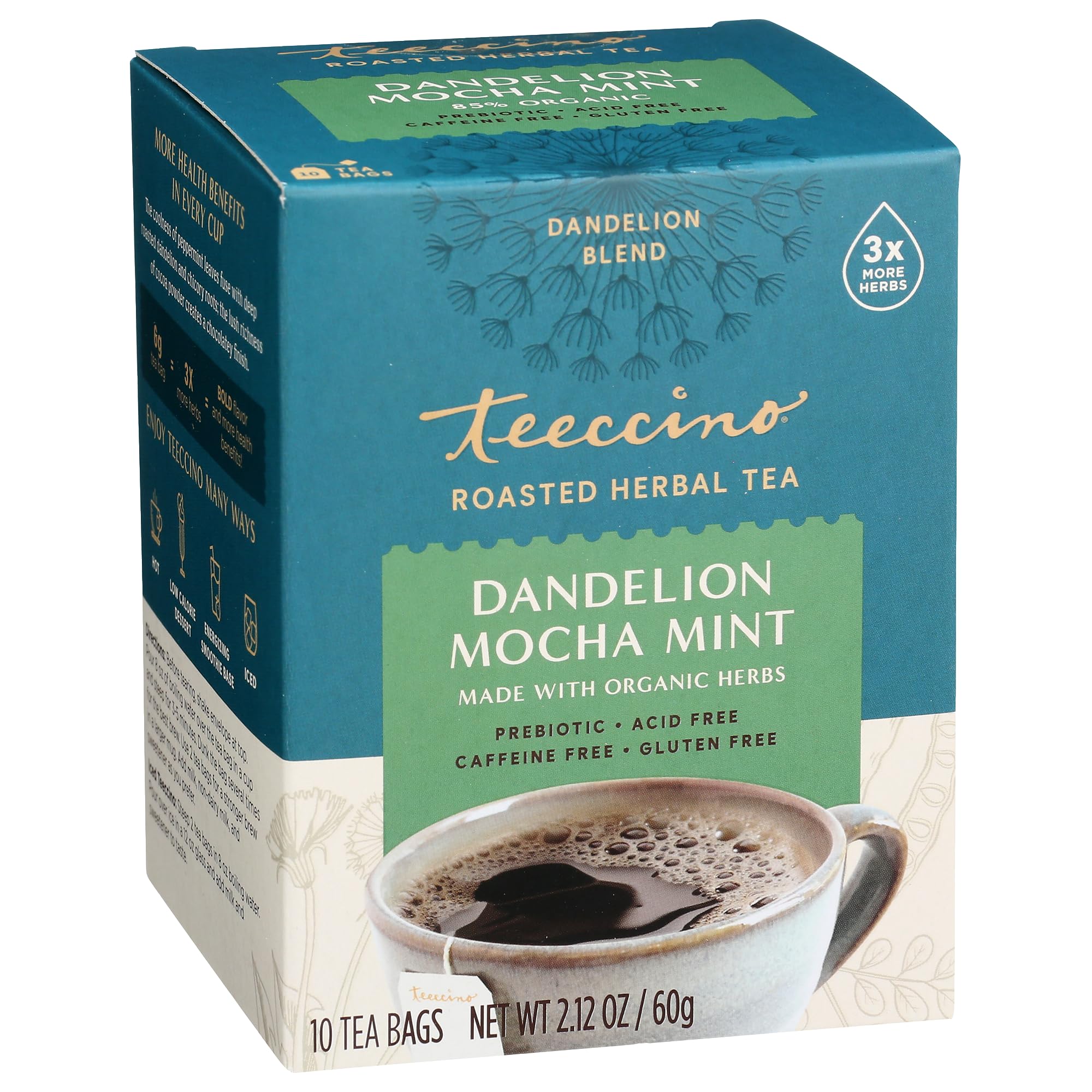 Teeccino Dandelion Mocha Mint Herbal Tea - Caffeine Free, Prebiotic Rich, Gluten Free Roasted Herbal Tea with 3x More Herbs (10 Tea Bags) - Perfect for Relaxation & Digestive Health