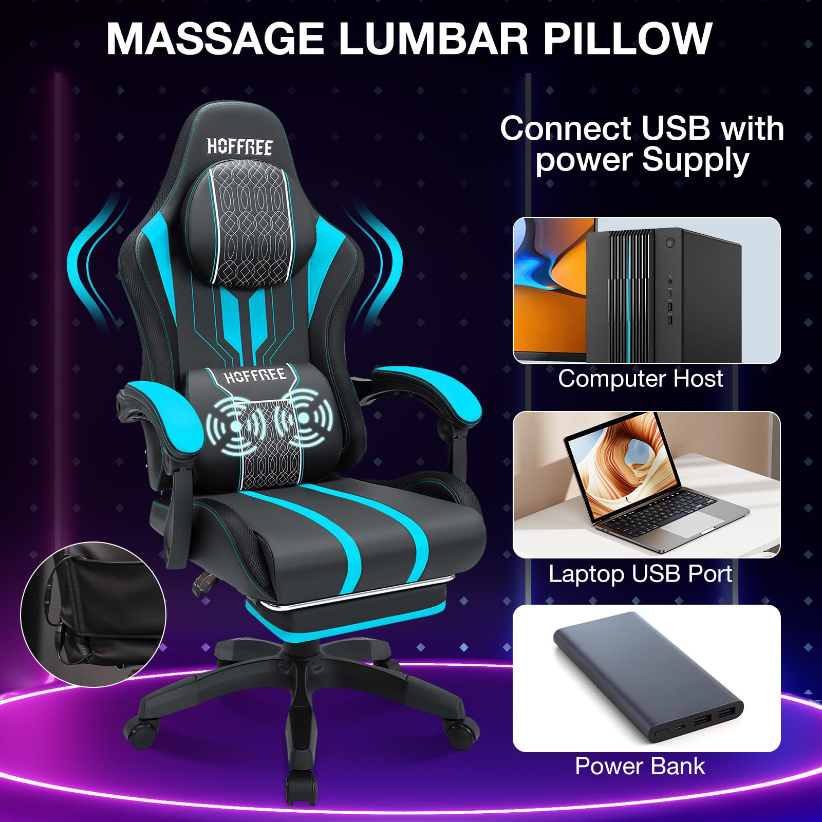 HOFFREE Ergonomic Gaming Chair with Built-in Bluetooth Speakers & Massage - Big and Tall Reclining Office Chair with Footrest, 400lbs Weight Capacity (Blue & Black) - Perfect for PC Gaming, Home Office & Streaming Setup