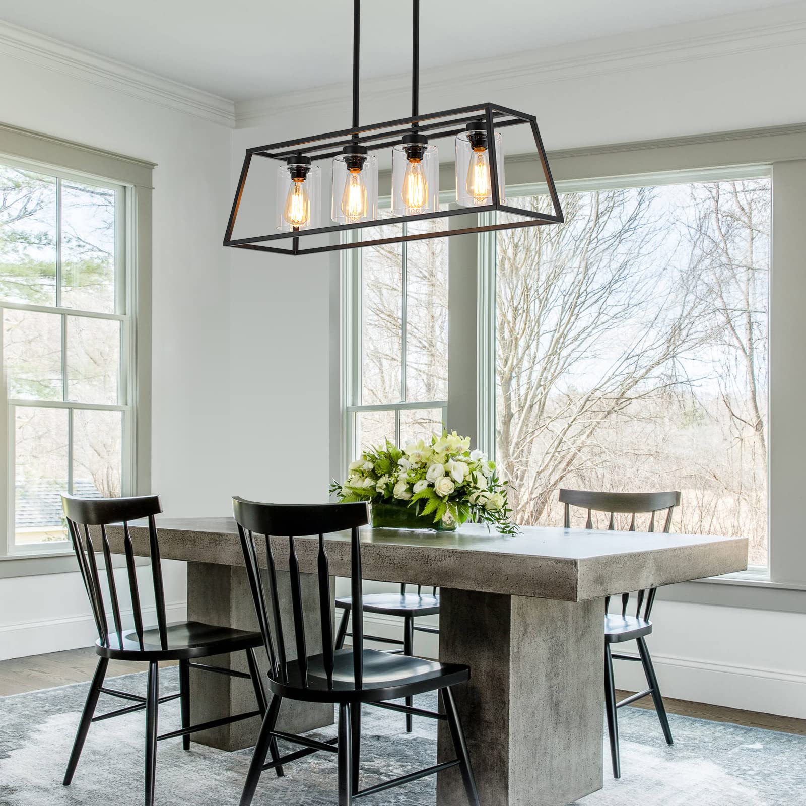 Black Farmhouse Chandeliers for Dining Room, Rustic Kitchen Island Pendant Light, 4-Light Linear Pendant Lamp with Glass Shade, Perfect for Dining Room Lighting Over Table and Kitchen Island