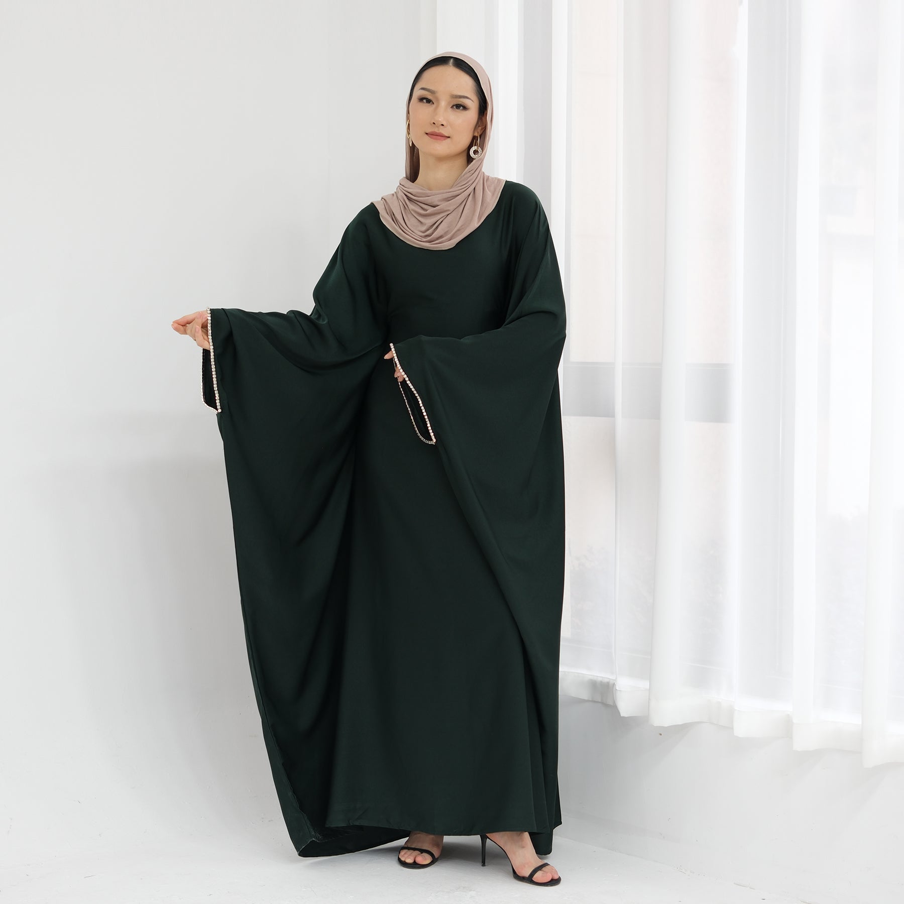 Davina Butterfly Satin Abaya Emerald Green - Elegant Muslim Prayer Dress for Women | Perfect for Eid, Ramadan & Special Occasions