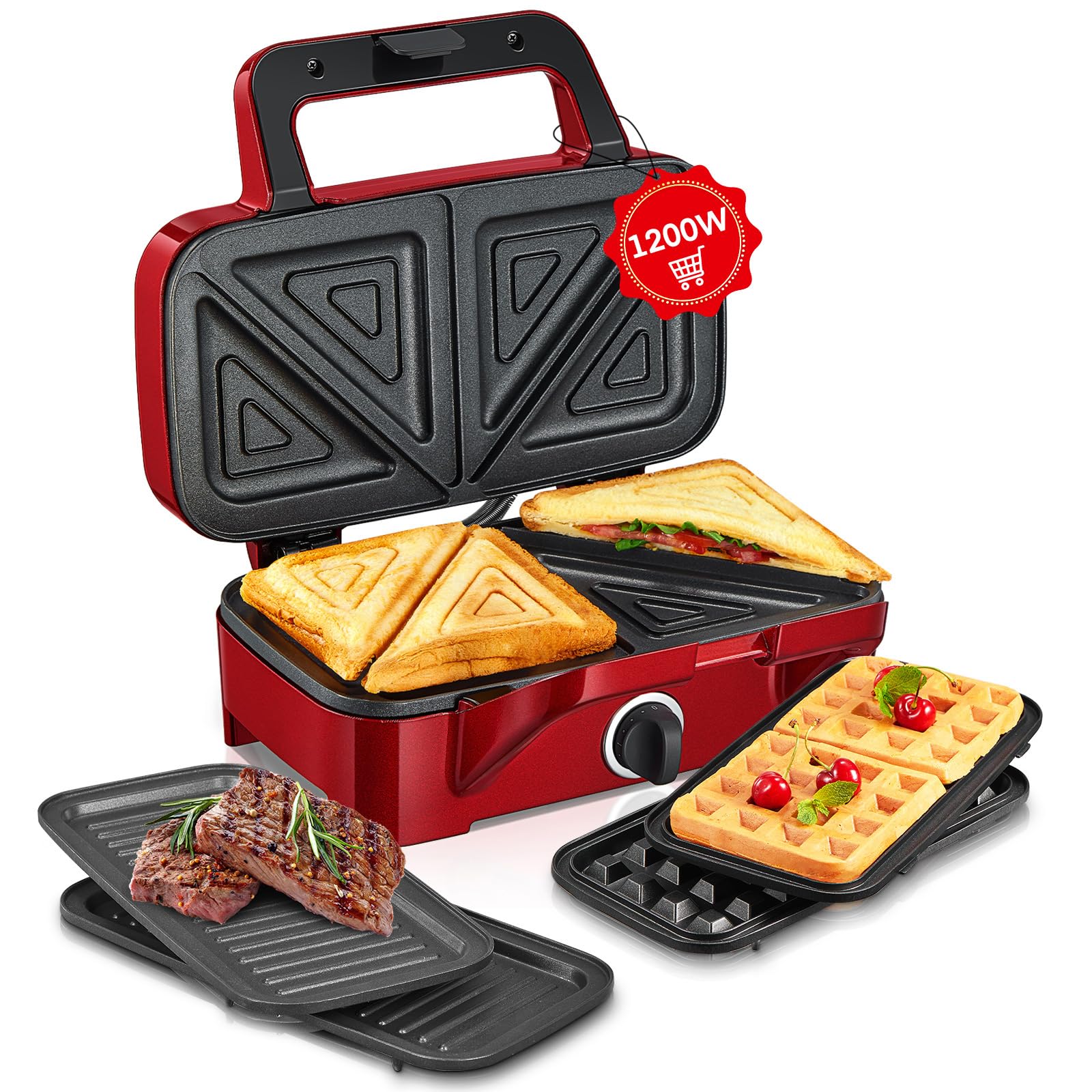 HOUSNAT 3-in-1 Sandwich Maker & Waffle Iron - 1200W Panini Press with Removable Non-Stick Plates, 5-Level Temperature Control & Indicator Lights (Red) - Perfect for Breakfast, Snacks & Family Gatherings