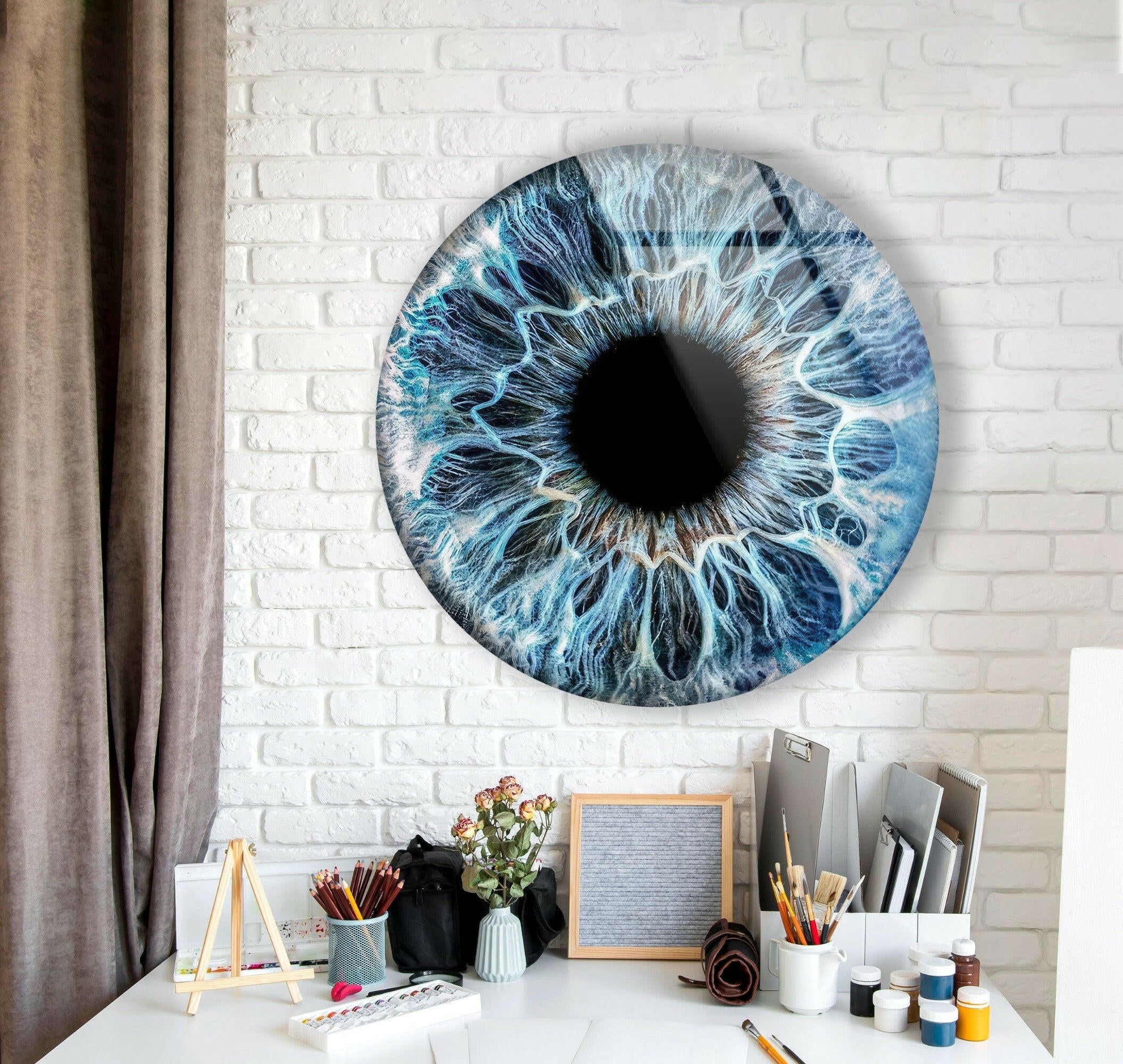 Blue Eye Round Glass Wall Art Decor - Handmade Bohemian Style Hanging Decoration for Living Room, Bedroom & Office